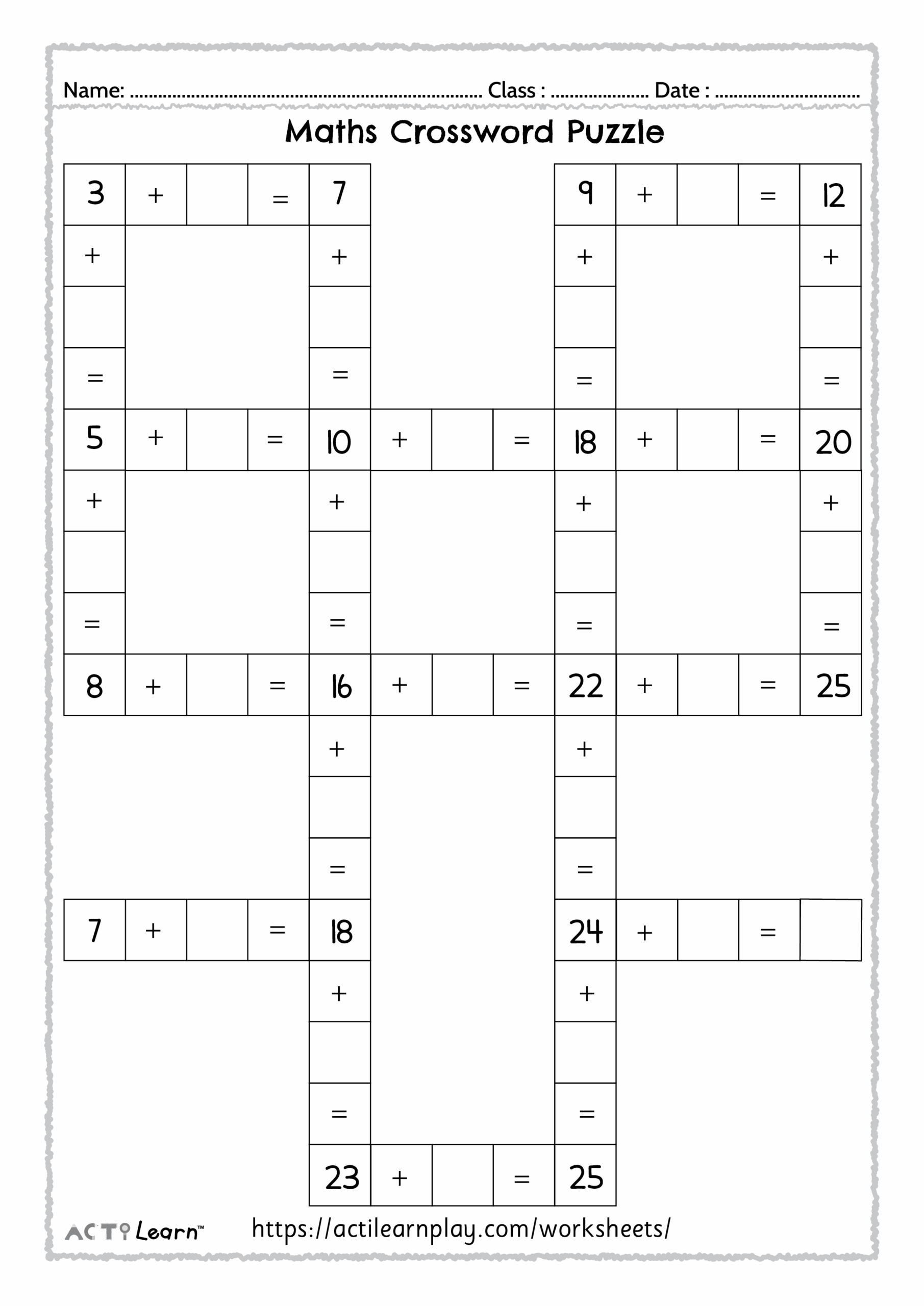 Free Printable Addition Subtraction Crossword Worksheet