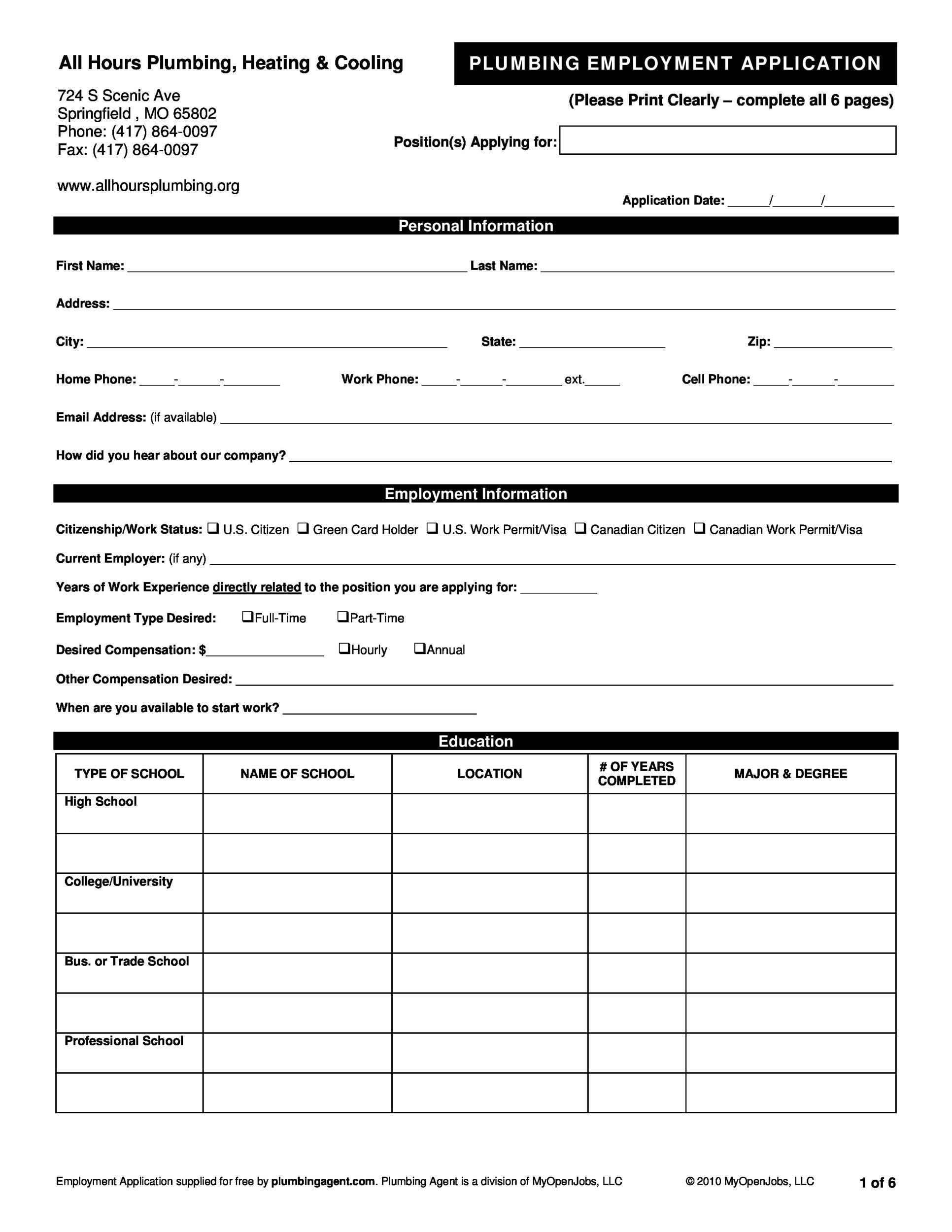 printable employment application template