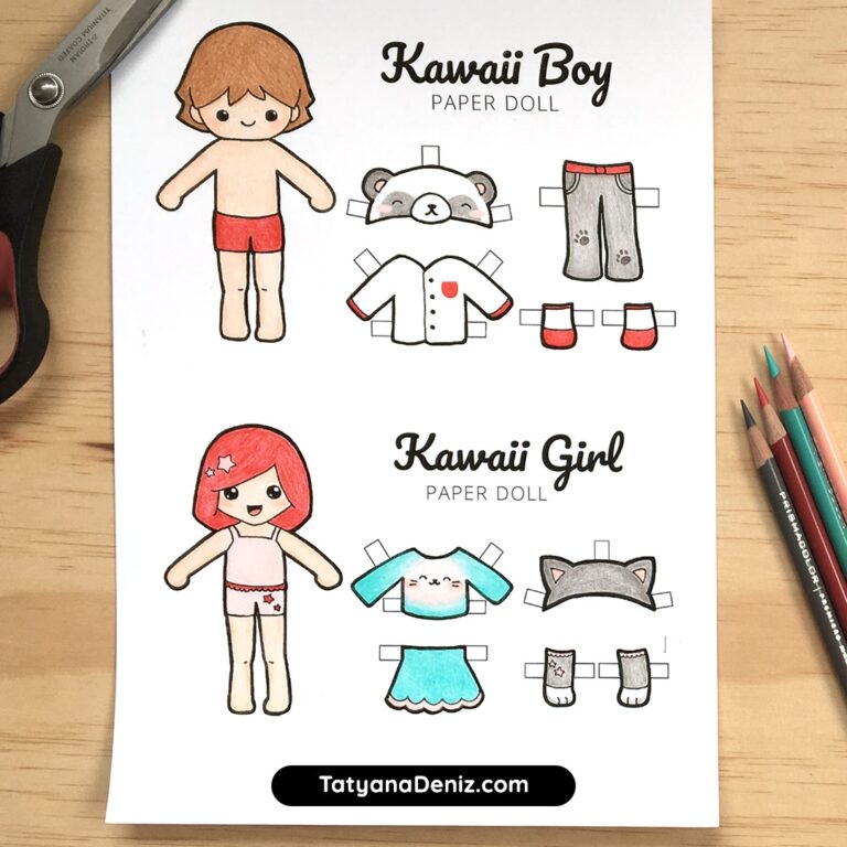 Free Printable Kawaii Paper Dolls Colouring Pages