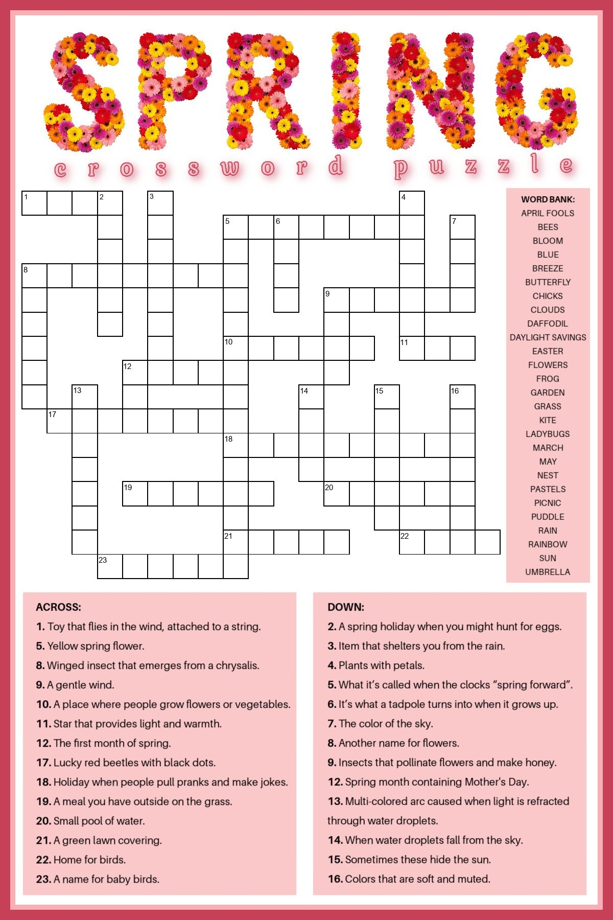 spring break crossword puzzle printable spring break crossword puzzle printable