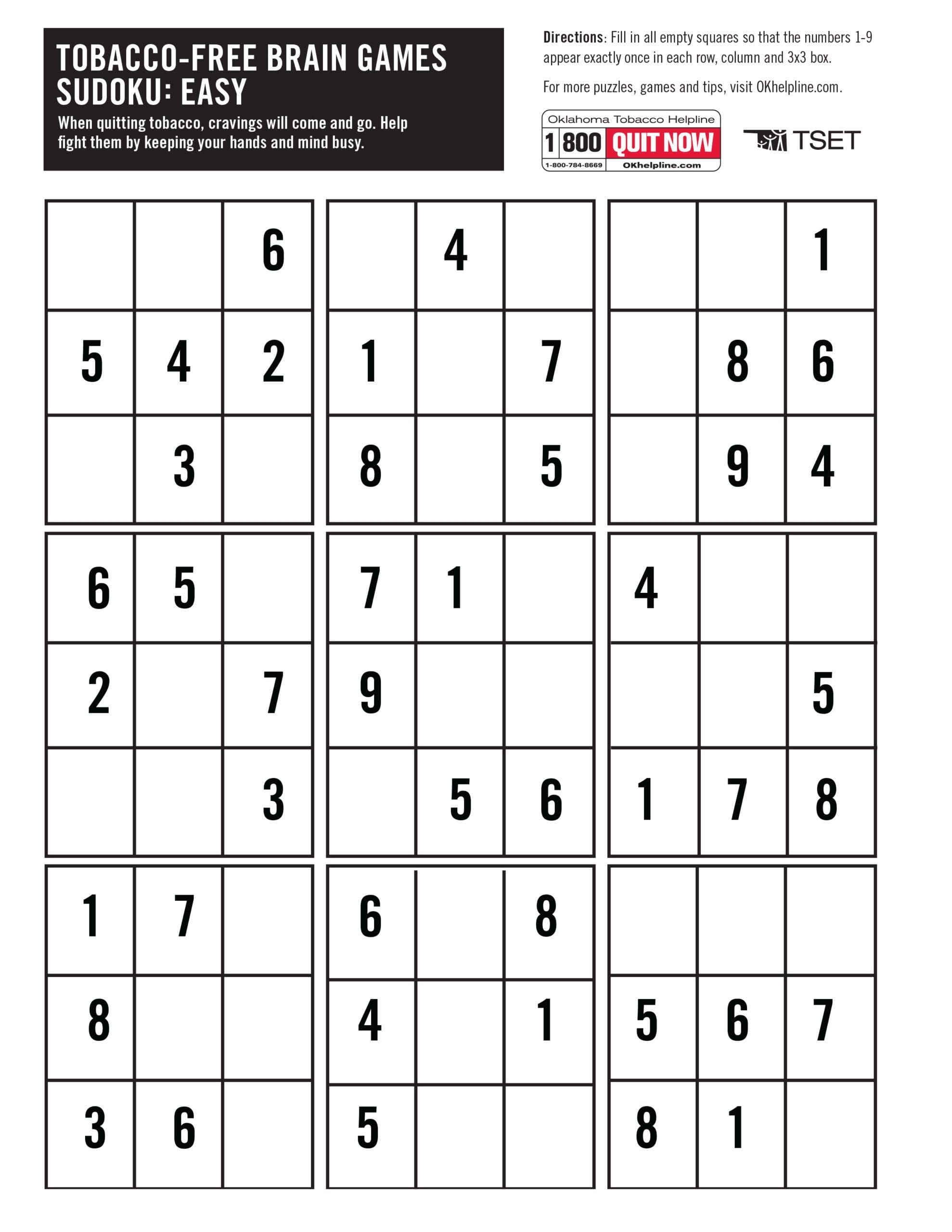 Free Sudoku Puzzles Printable Oklahoma Tobacco Helpline