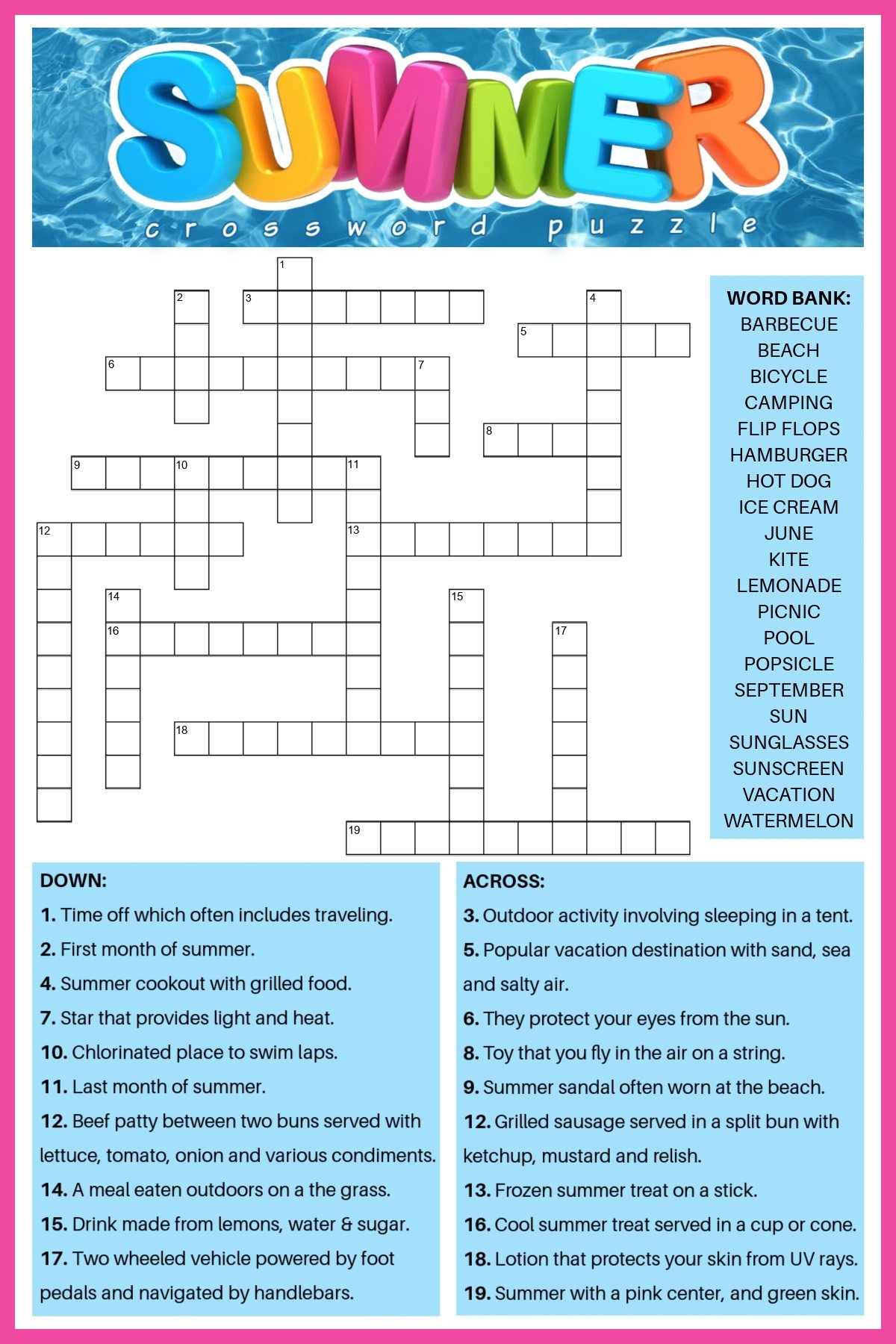 Free Summer Crossword Puzzle 2 Versions Answers Included Free Summer Crossword Puzzle 2 Versions Answers Included