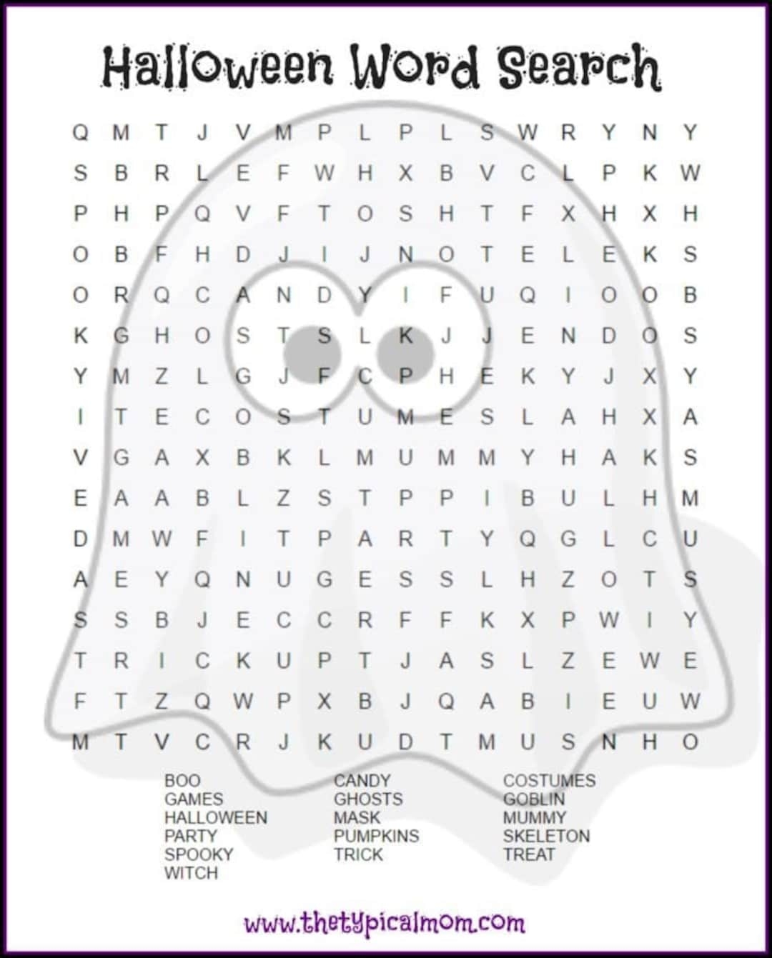 Ghost Halloween Word Search Printable Etsy