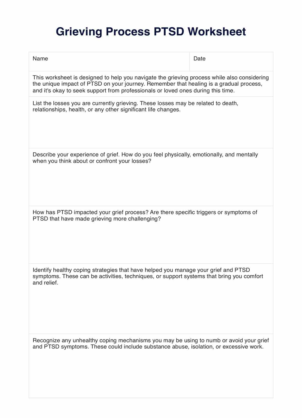 free printable grief worksheets
