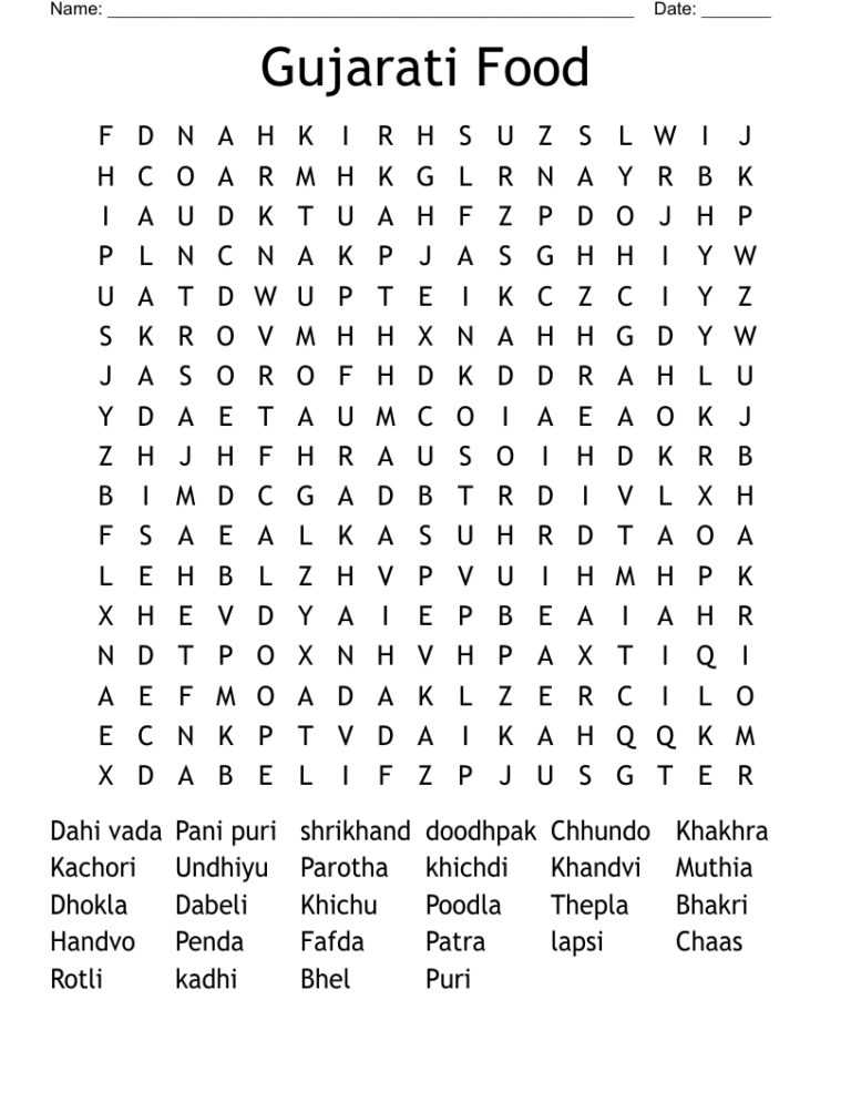 Gujarati Food Word Search WordMint