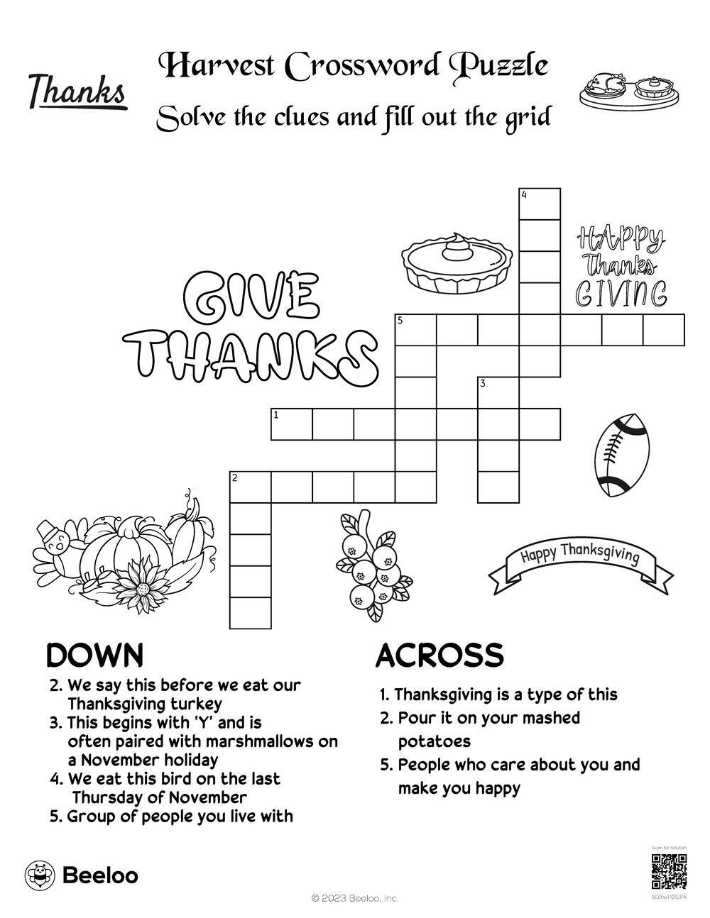 thanksgiving crossword puzzle free printable