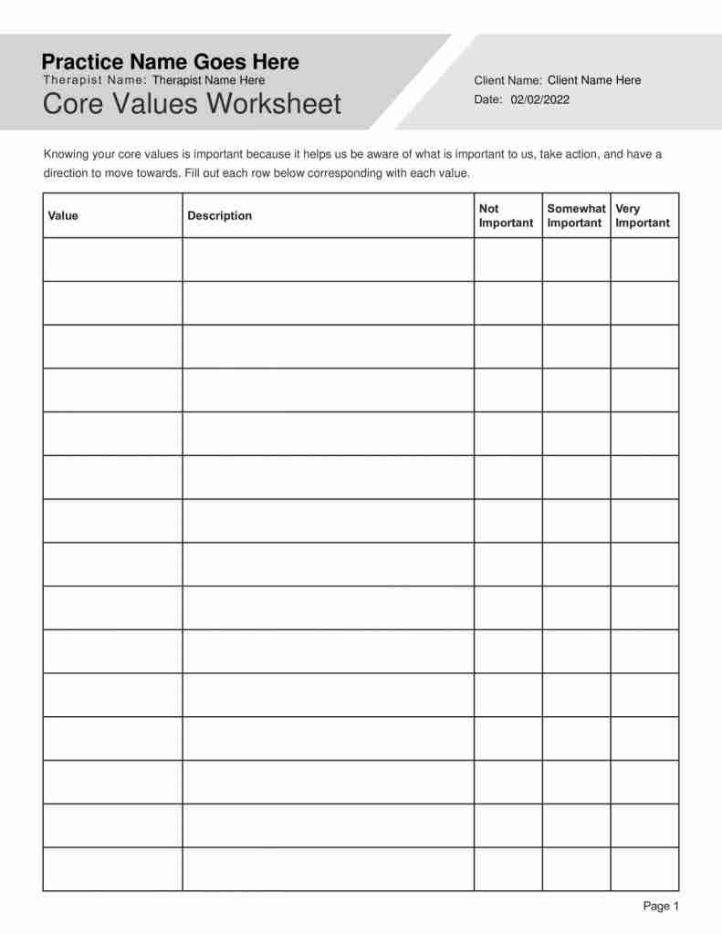 Identifying Core Values Worksheet Editable Fillable Printable PDF TherapyPatron