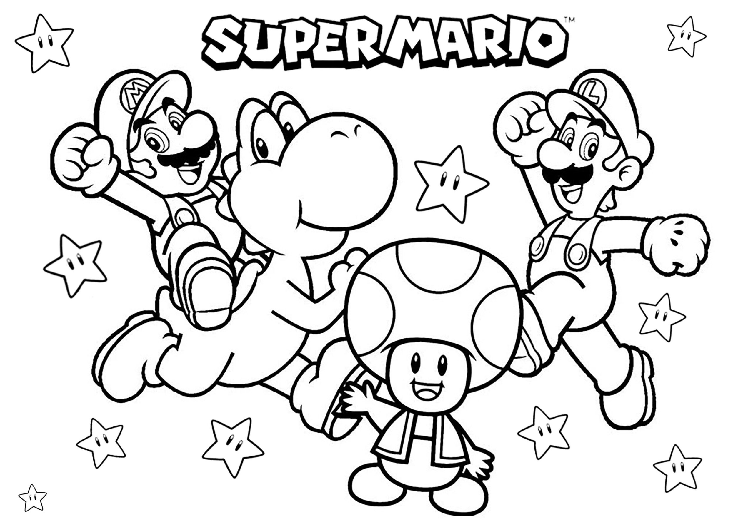 Mario Luigi Yoshi And Toad With Many Stars Super Mario Bros Coloring Pages