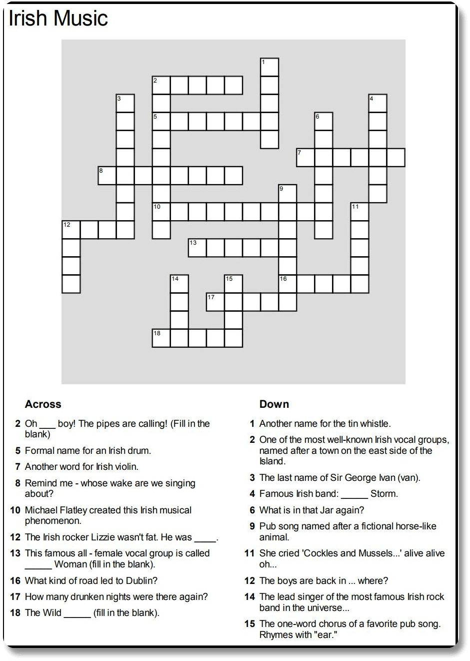 music crossword puzzles printable