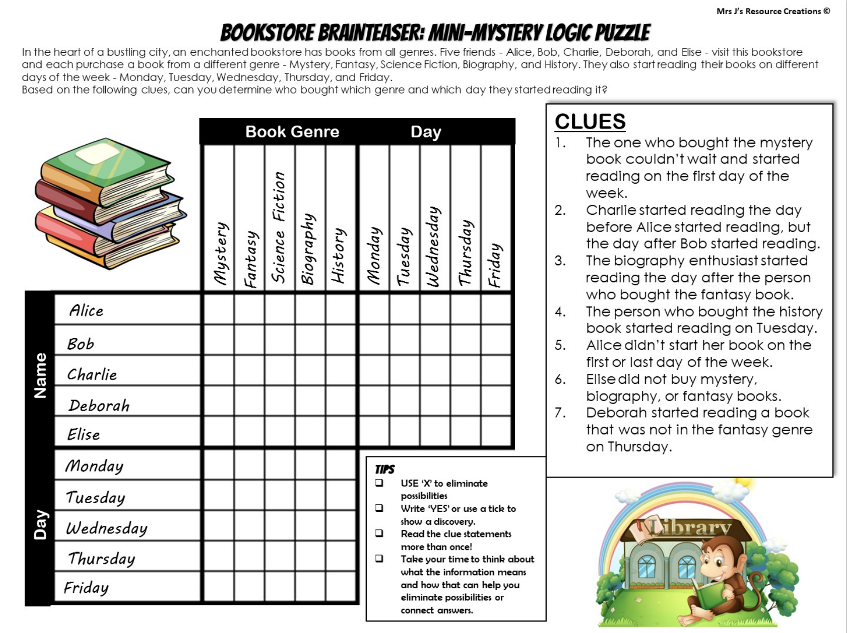 Mystery Logic Puzzle Brain Teaser Worksheet Activity Free 19 Book Week JJ Resource Creations