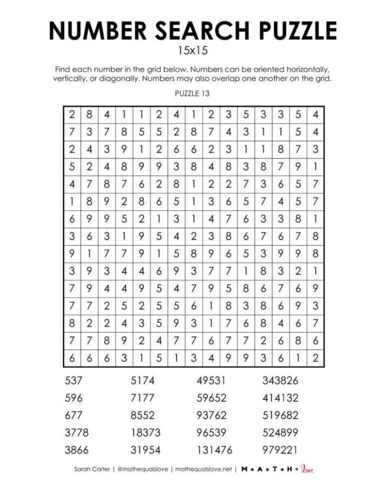 Number Search Puzzles 15x15 Math Love