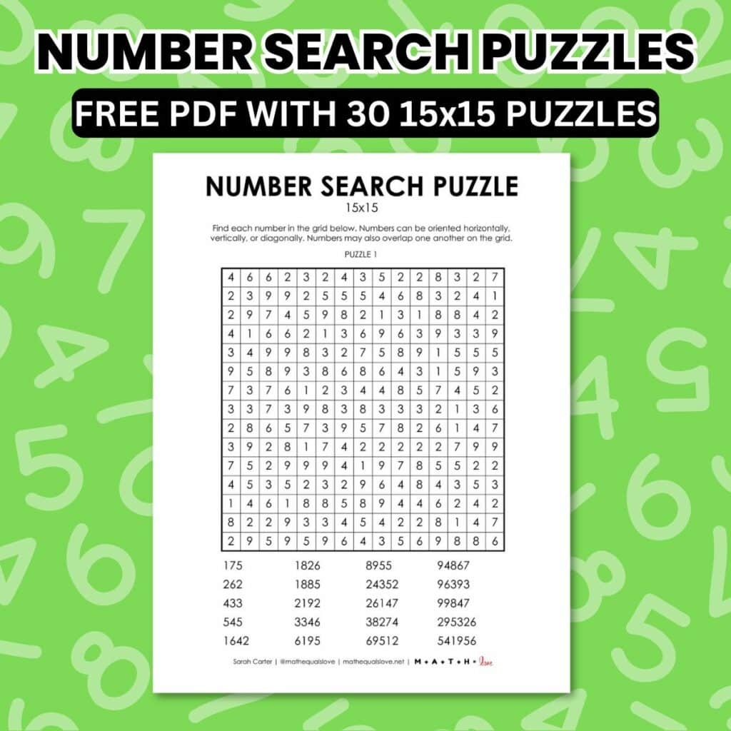 Number Search Puzzles 15x15 Math Love