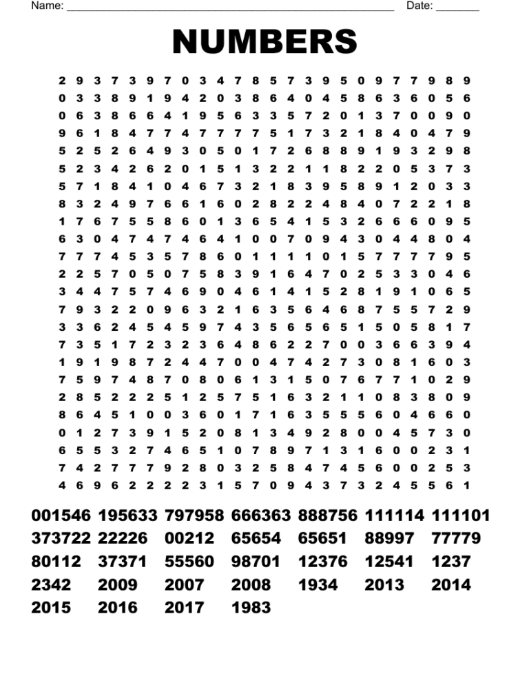 NUMBERS Word Search WordMint