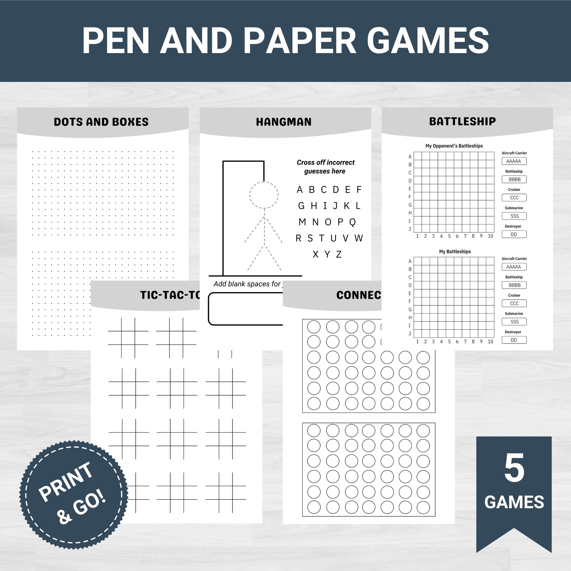 Pen And Paper Printable Games Hangman Printable Battleship Printable Dots And Boxes Printable Tic Tac Toe Printable Printable Games Etsy