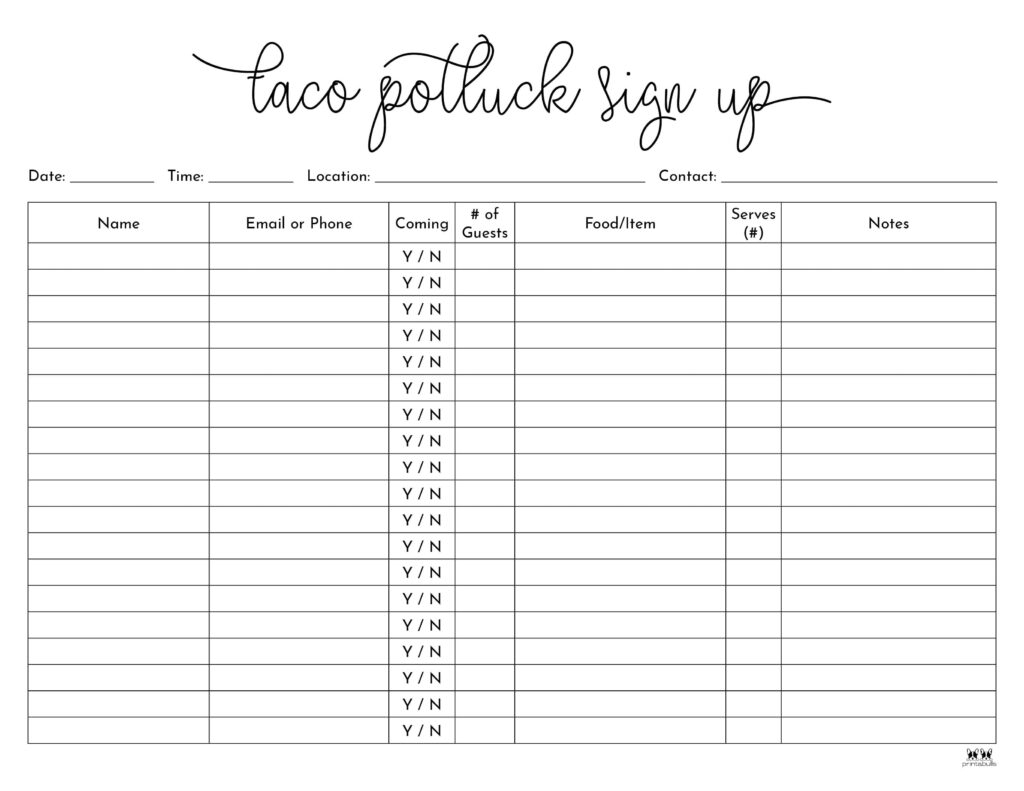 Potluck Sign Up Sheets 74 FREE Sheets Printabulls