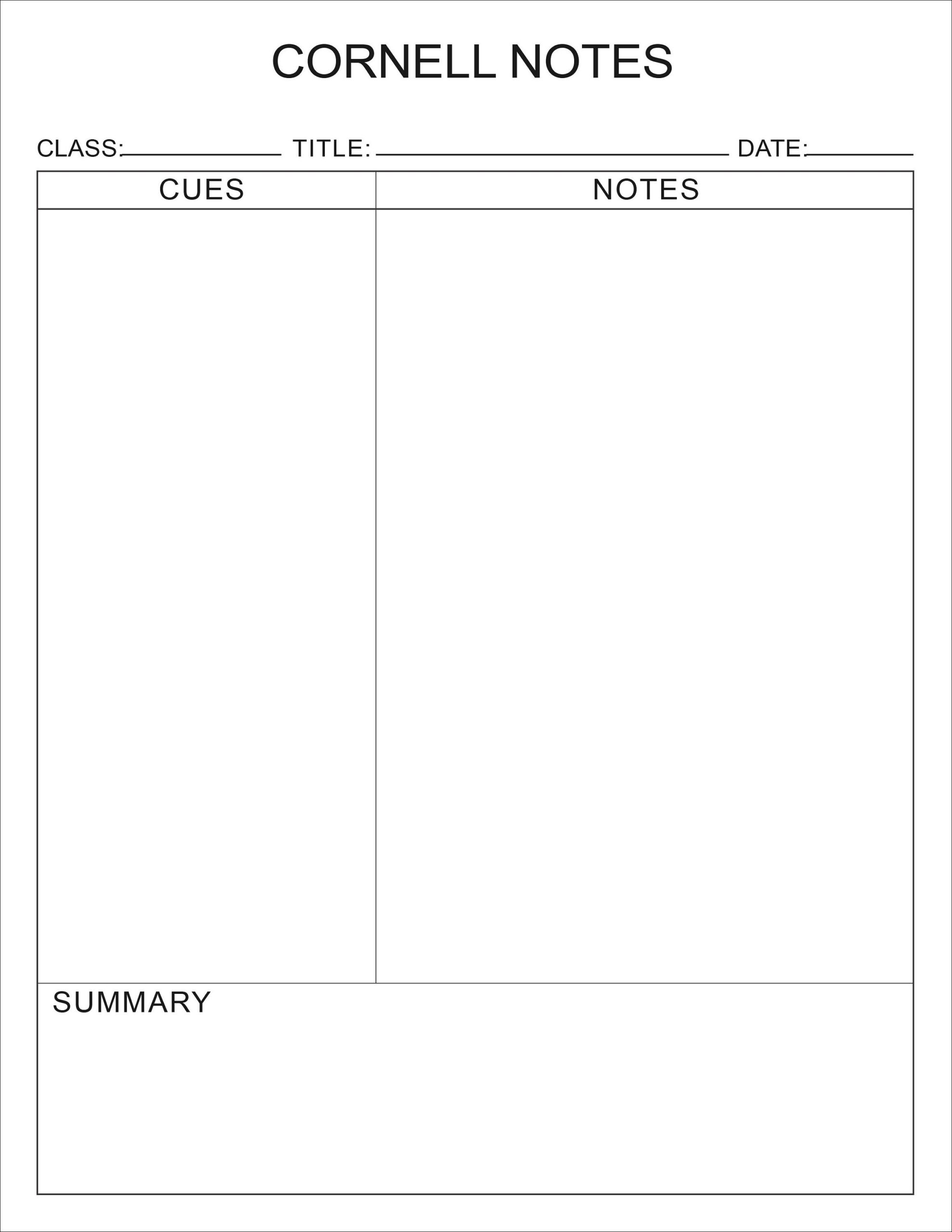 Printable Cornell Notes Plain Template PDF File Etsy Israel
