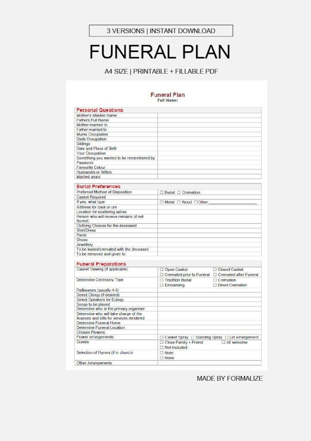 Printable Funeral Plan Template editable PDF Word Etsy
