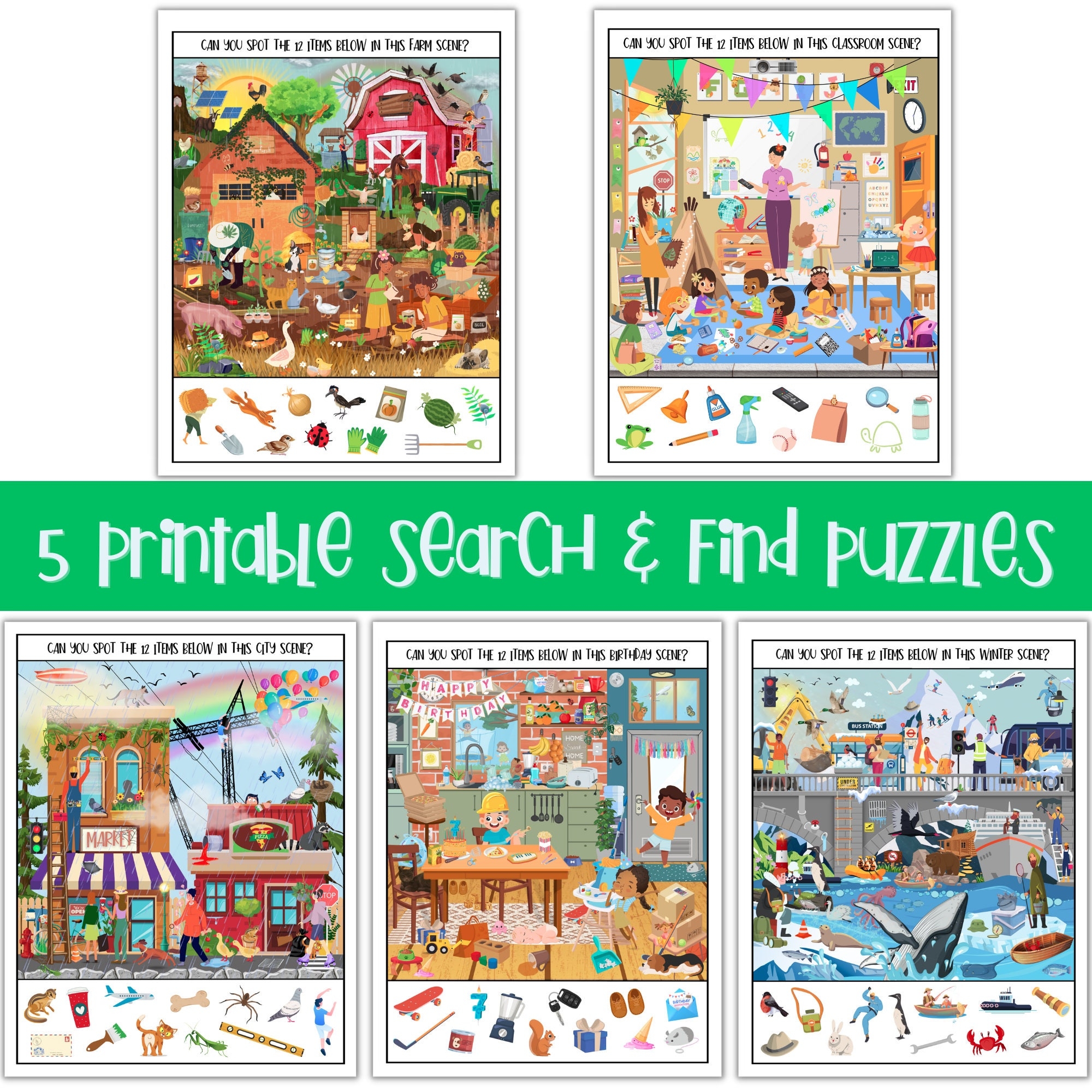 Printable Search Find 5 Seek And Find Puzzle Games For Kids I Spy Games Etsy