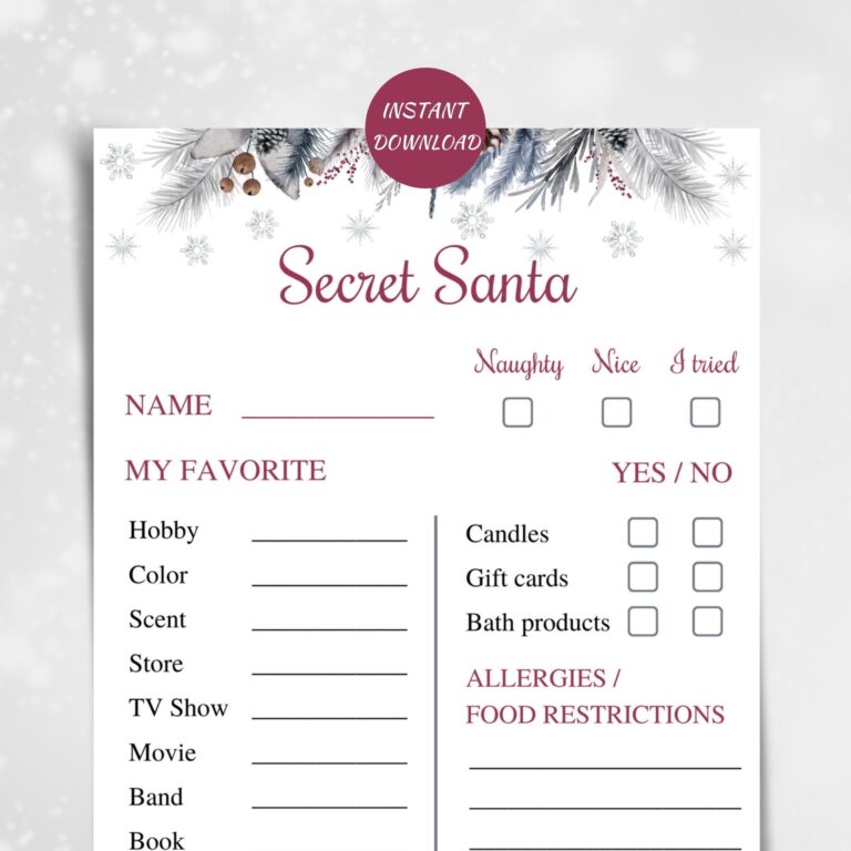 Printable Secret Santa Questionnaire 5x7 Work Secret Santa Info Cards Christmas Gift Exchange Questions Secret Santa Christmas Wish List Etsy