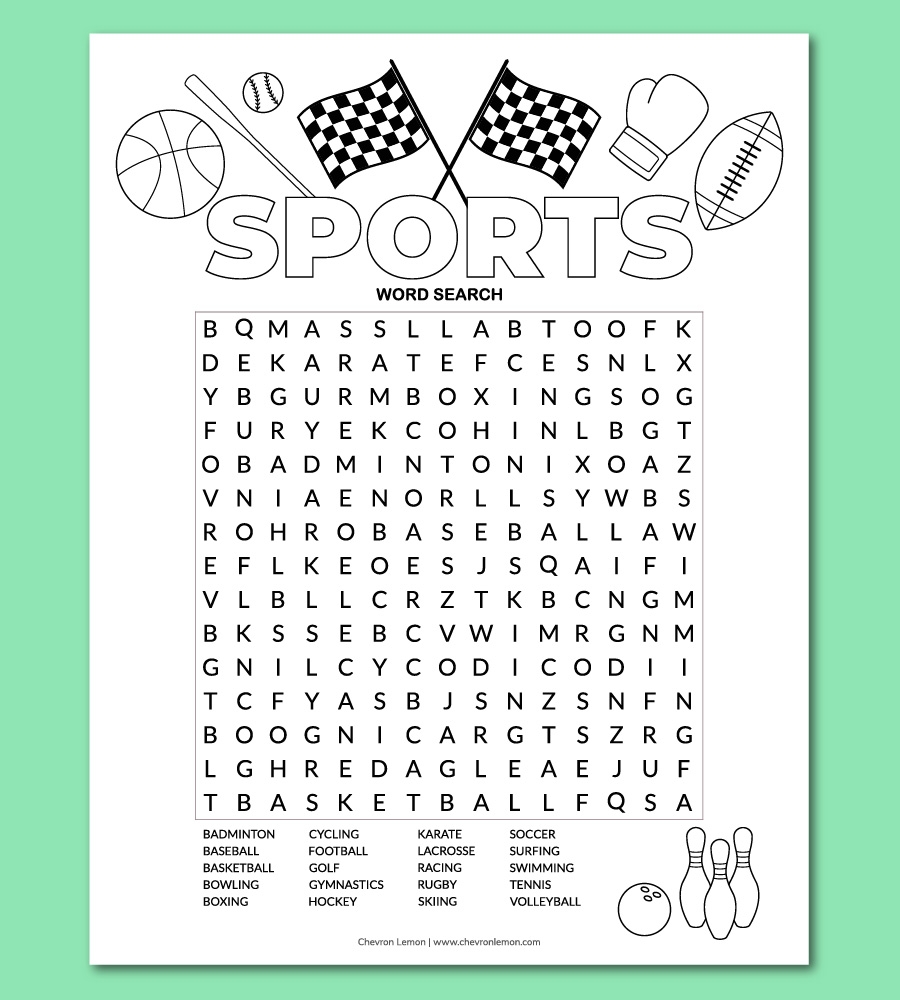 Printable Sports Word Search Puzzle Chevron Lemon