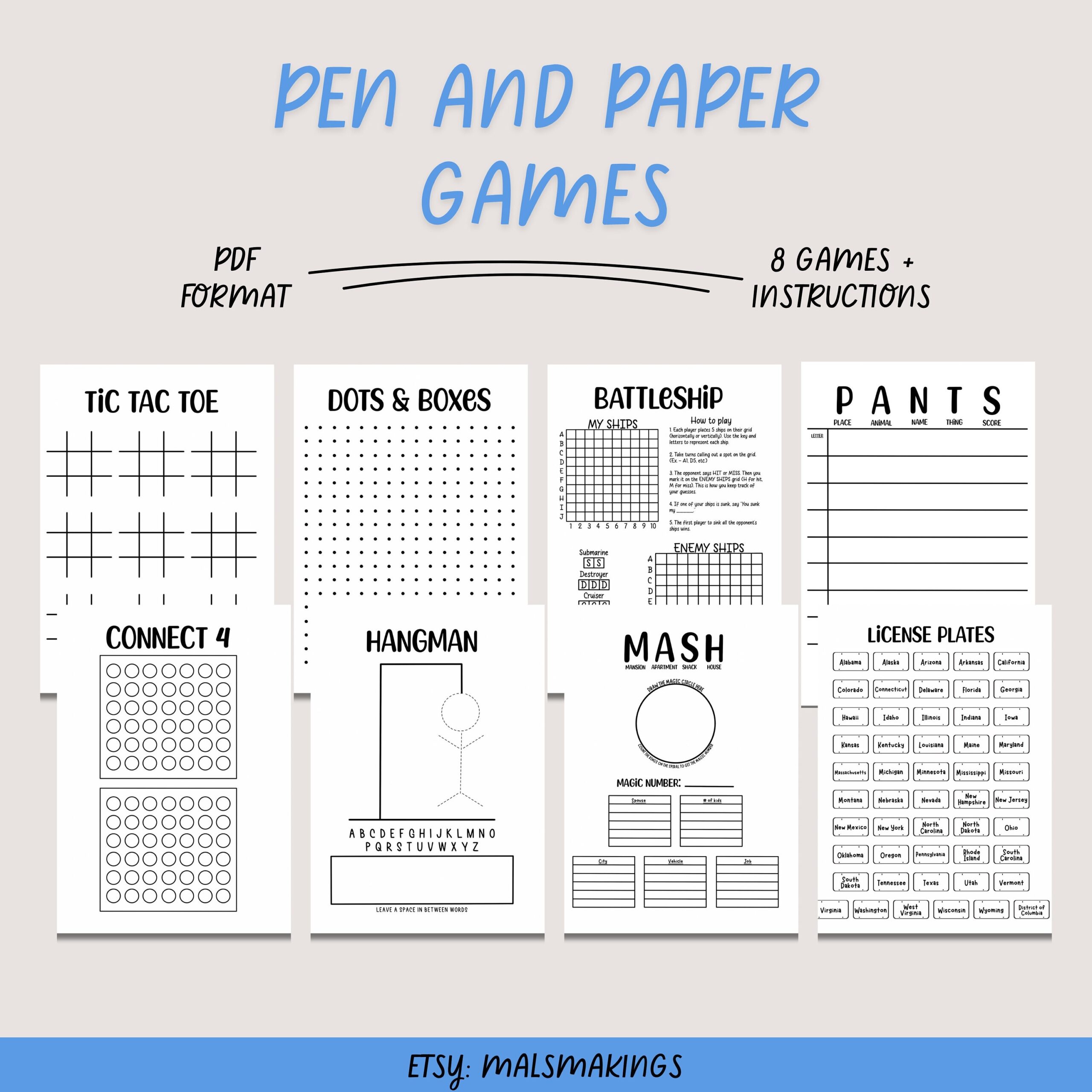 Printable Travel Games Pen And Paper Games Road Trip Games Etsy
