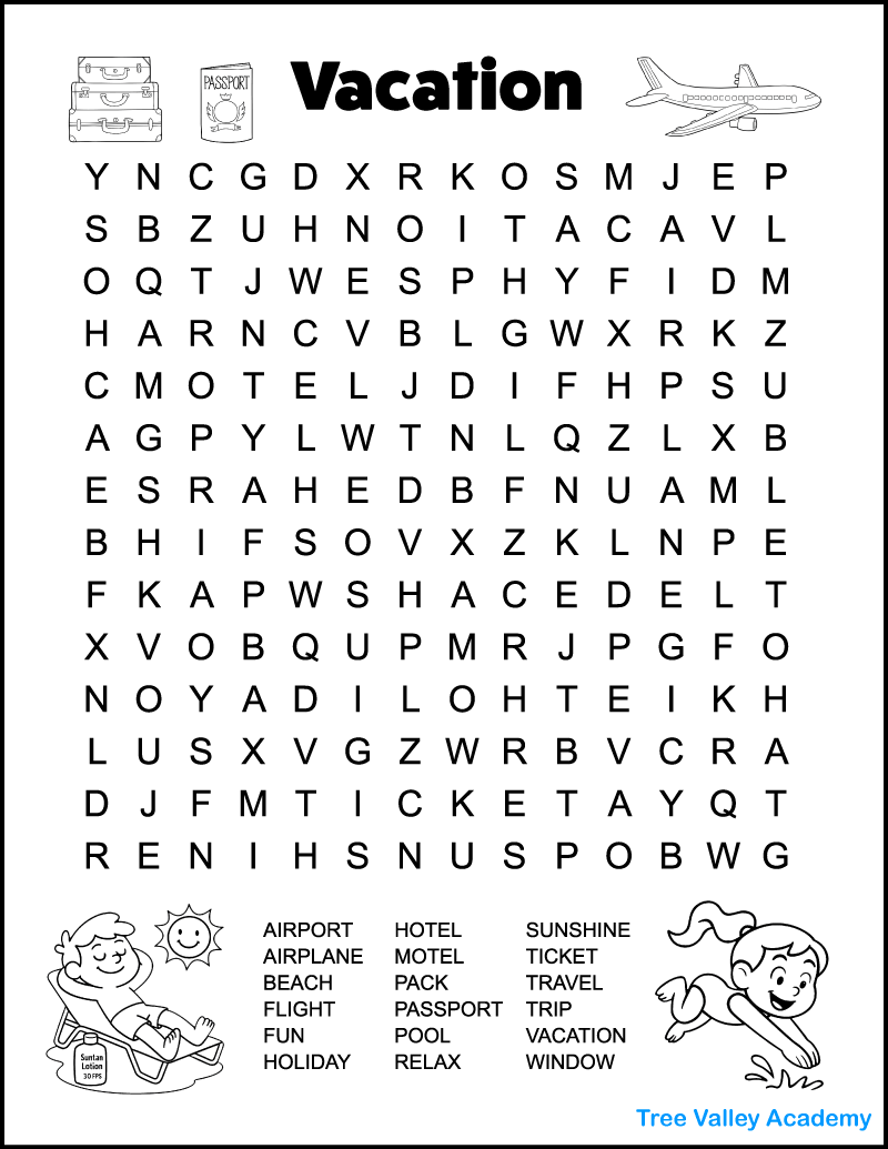 Printable Vacation Word Search For Kids Tree Valley Academy