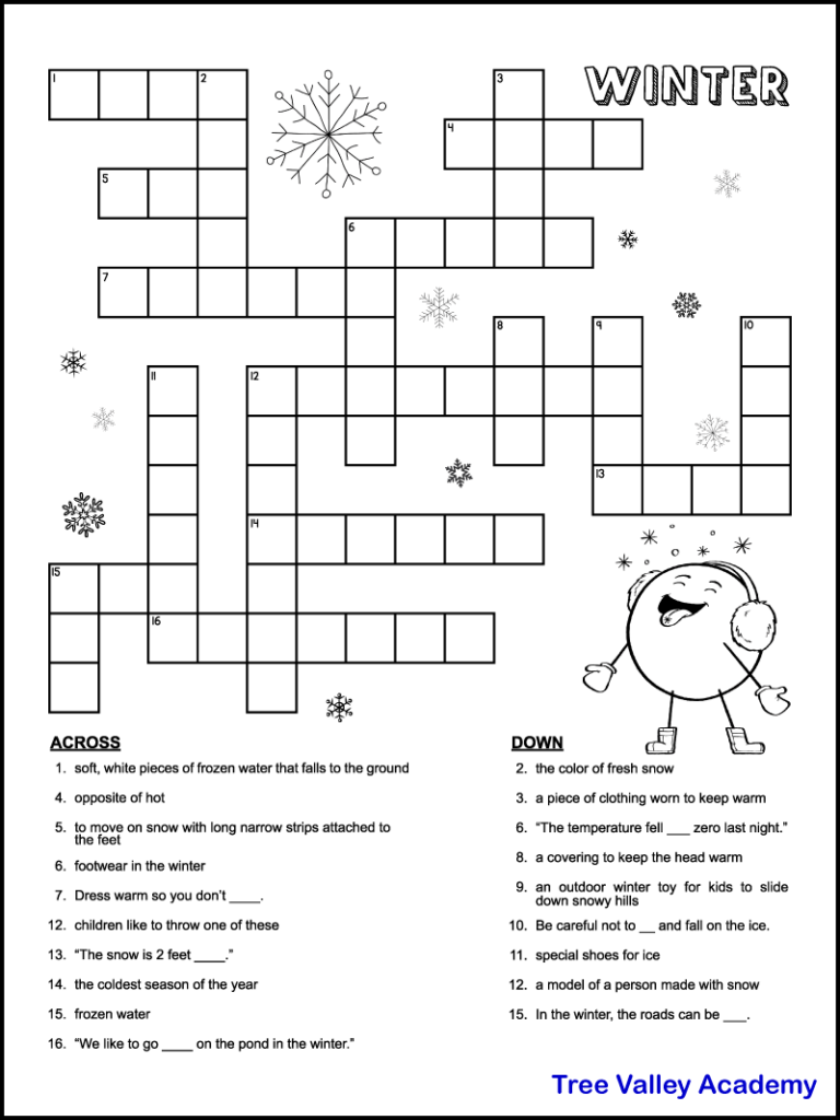 Printable Winter Crossword Puzzles For Kids Tree Valley Academy Printable Winter Crossword Puzzles For Kids Tree Valley Academy