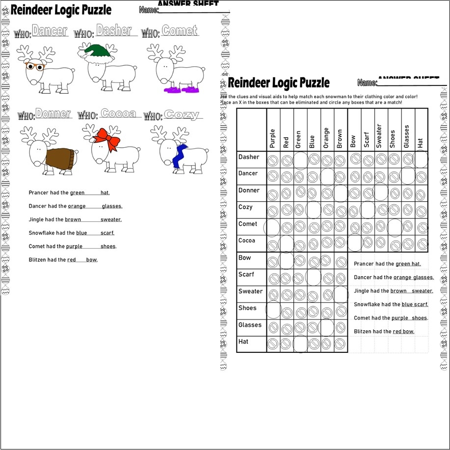 Reindeer Logic Puzzle Graph Reasoning Critical Thinking Skills Using Colors Visual Aids Christmas Math Classful