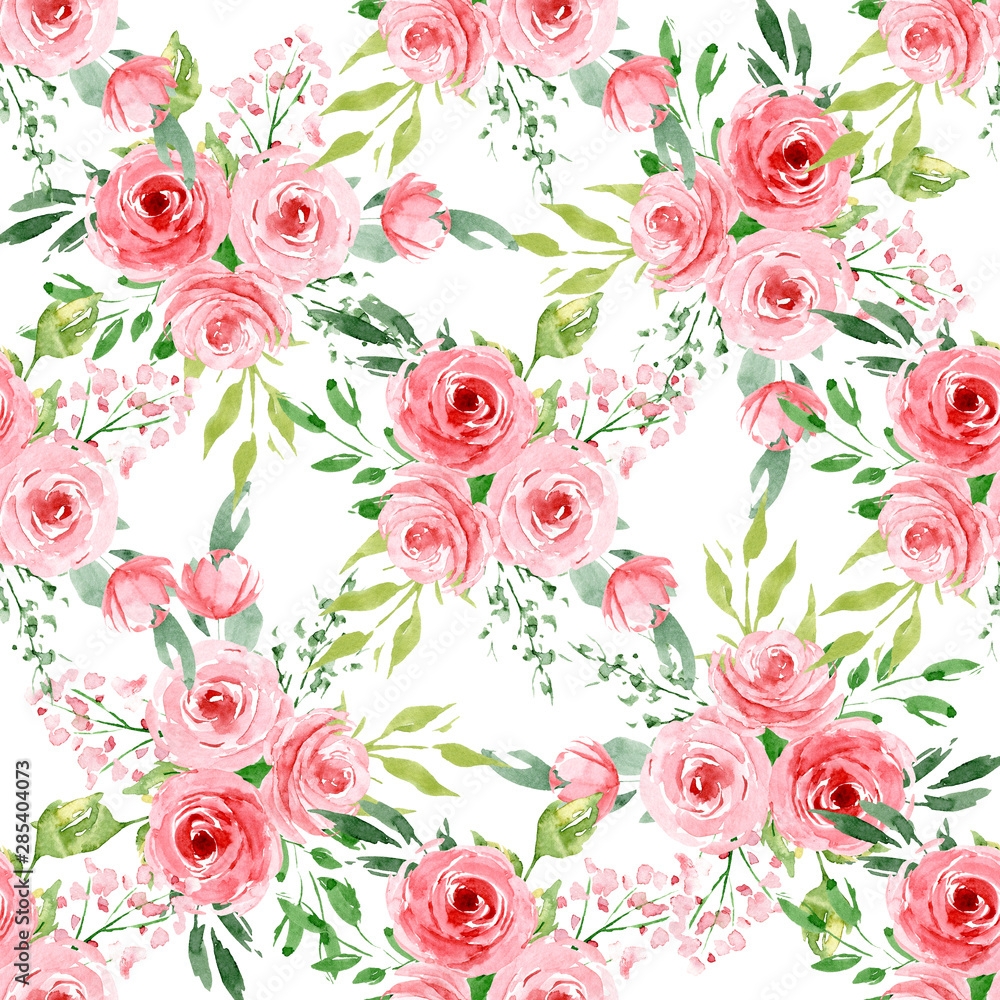 Seamless Pattern Floral Texture With Watercolor Flowers Roses And Leaves Repeating Fabric Wallpaper Print Background Perfectly For Wrapping Paper Backdrop Frame Or Border Stock Illustration Adobe Stock