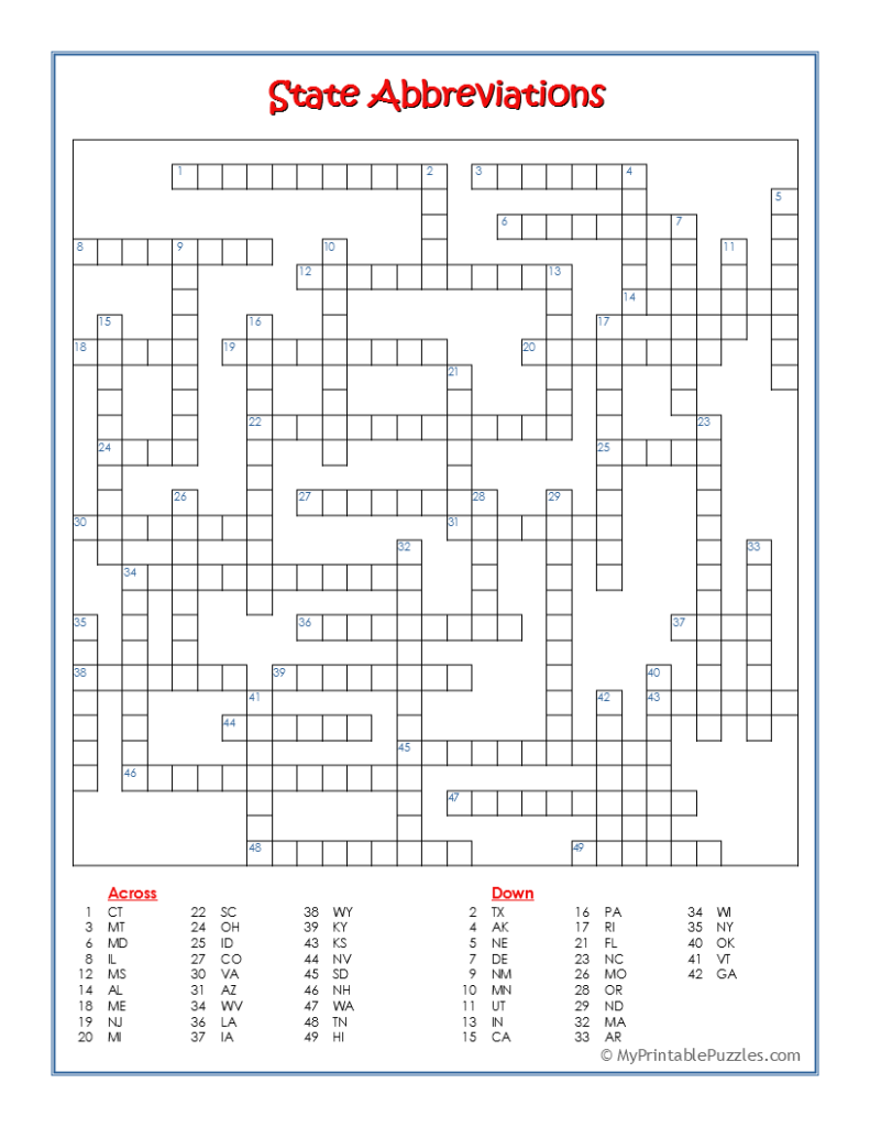 State Abbreviations Crossword Puzzle My Printable Puzzles State Abbreviations Crossword Puzzle My Printable Puzzles