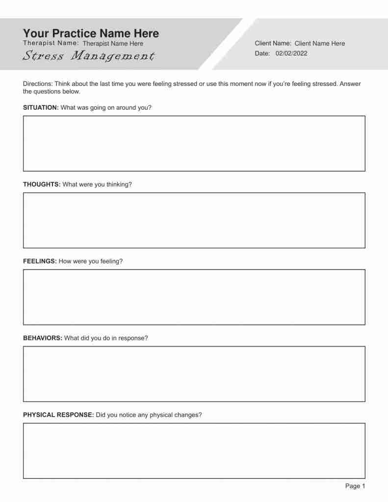 Stress Management Worksheet Editable Fillable Printable PDF TherapyPatron