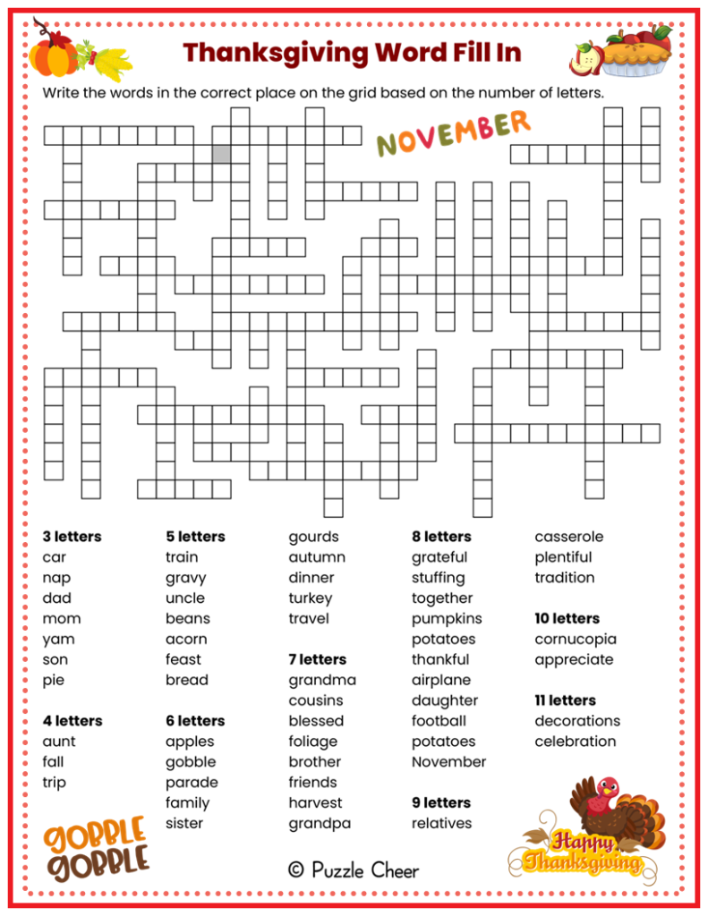 Thanksgiving Word Fill In Puzzle Puzzle Cheer