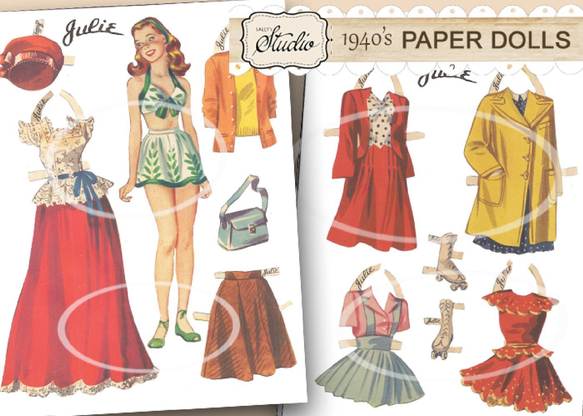 Vintage Paper Dolls Printable Cut outs Paper Doll Clip Art Paper Doll With Outfits Roller Skates 1940s Paper Dolls Digital Collage Julie Etsy