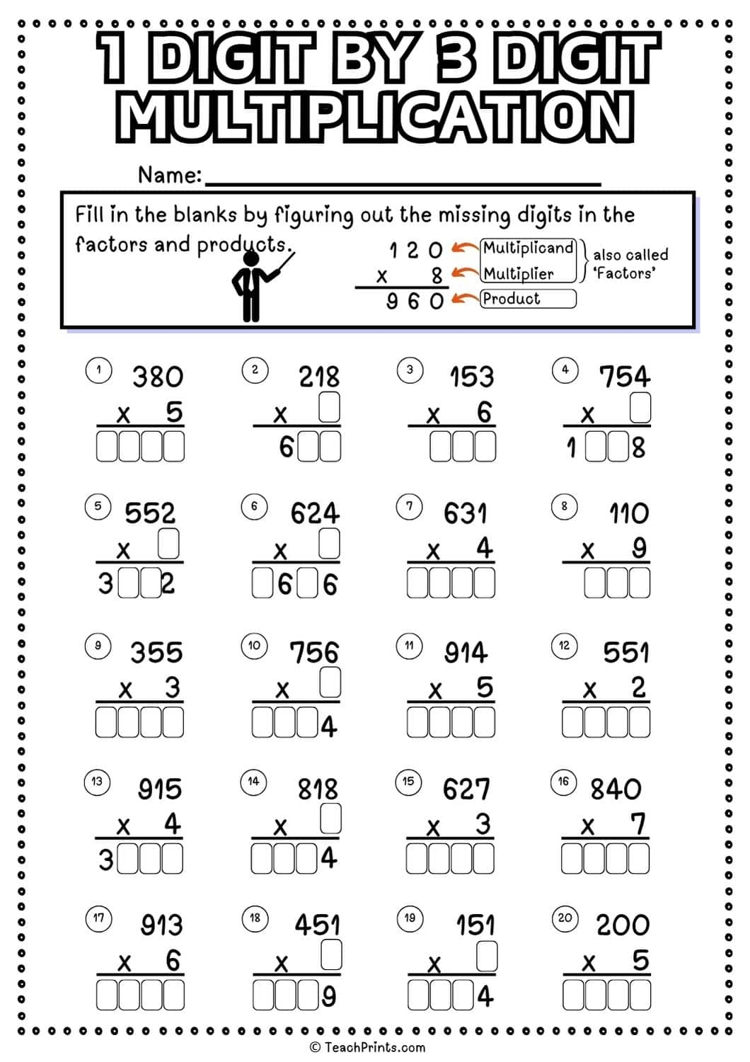 1 Digit By 3 Digit Multiplication Worksheets Teach Prints