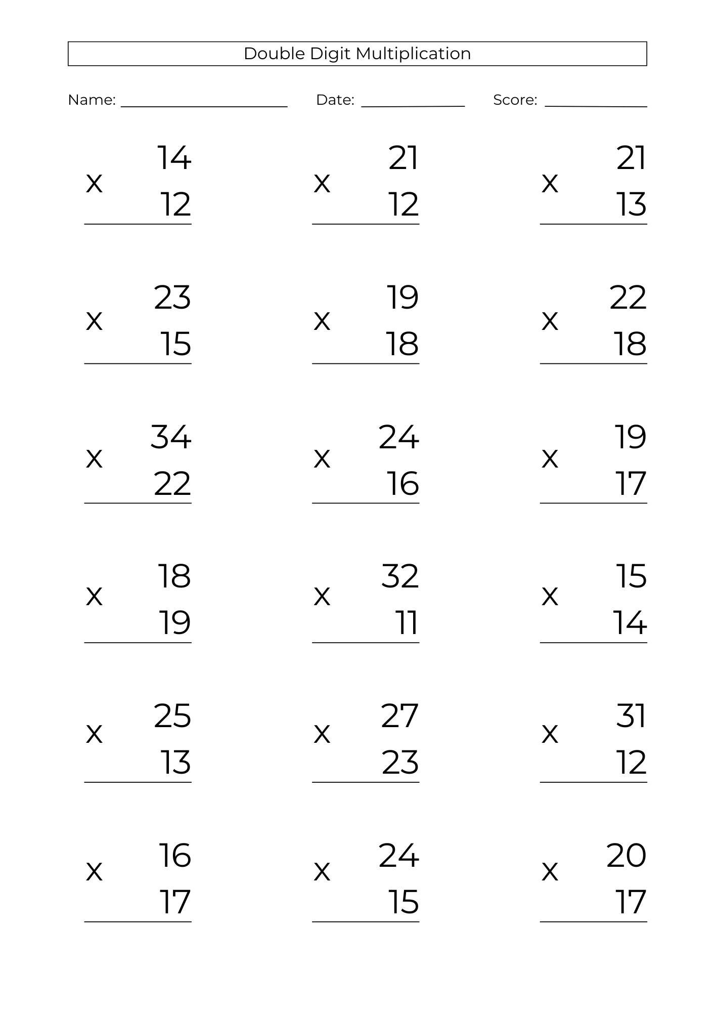 double digit multiplication practice sheets