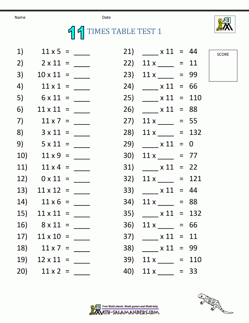 11 Times Tables Worksheets
