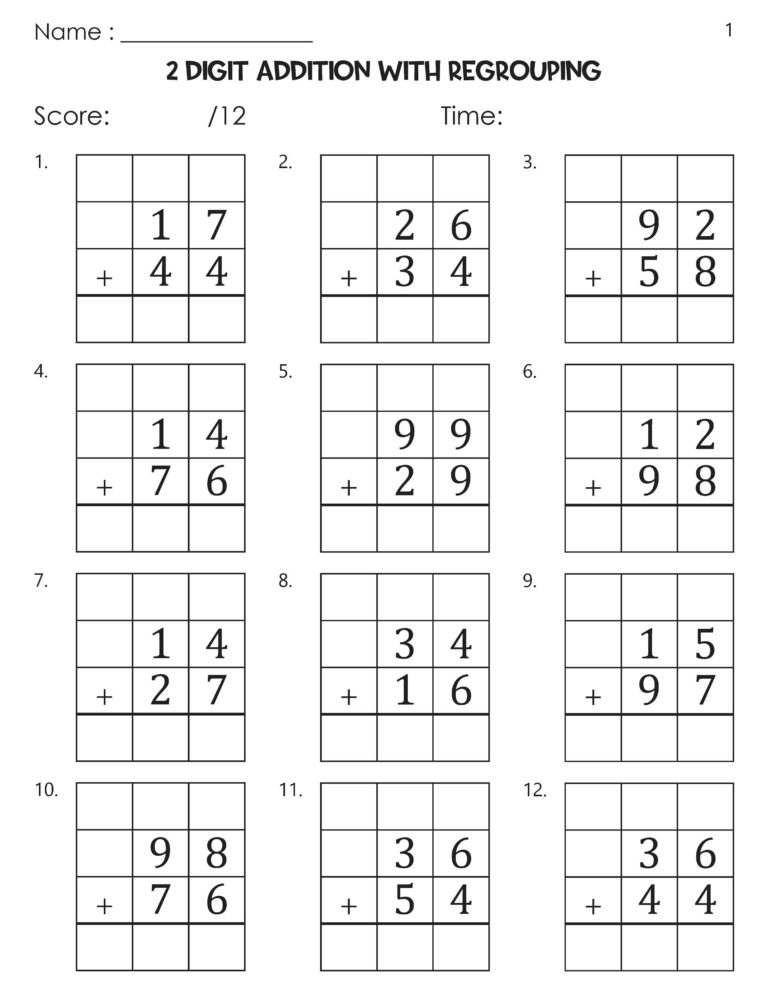 2 Digit Addition With Regrouping Worksheets Etsy