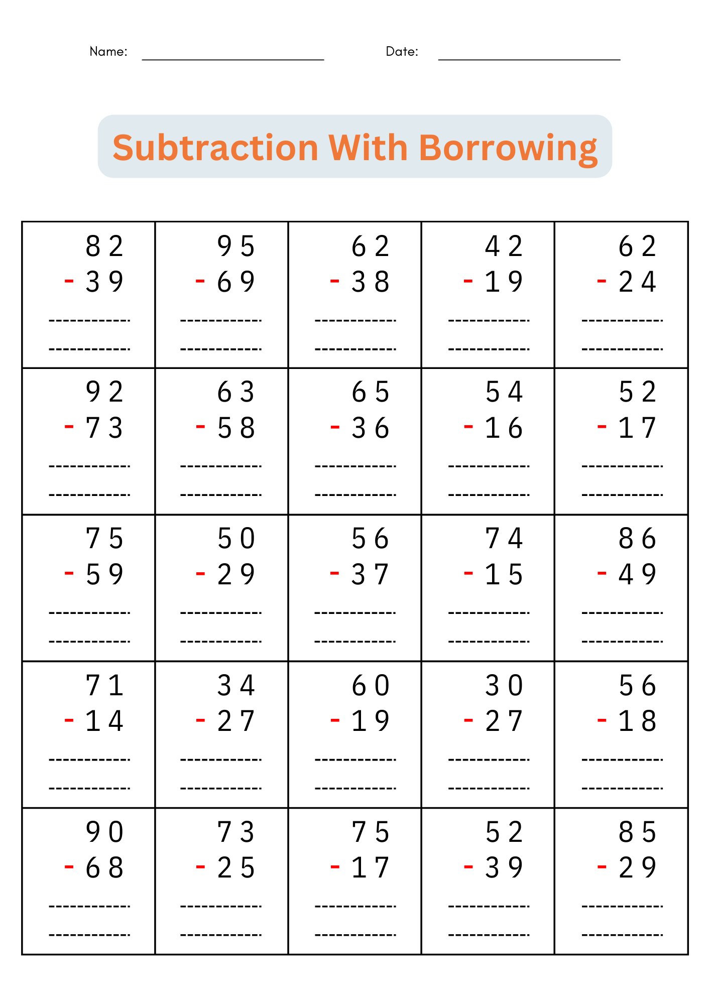 2 Digit Subtraction With Regrouping Number Math Worksheets For Grade 1 2 3 Made By Teachers