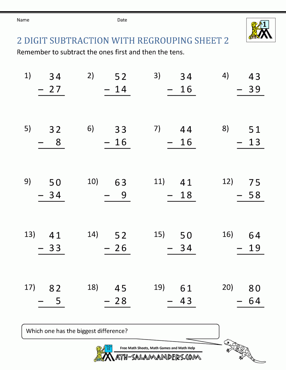 2 Digit Subtraction Worksheets