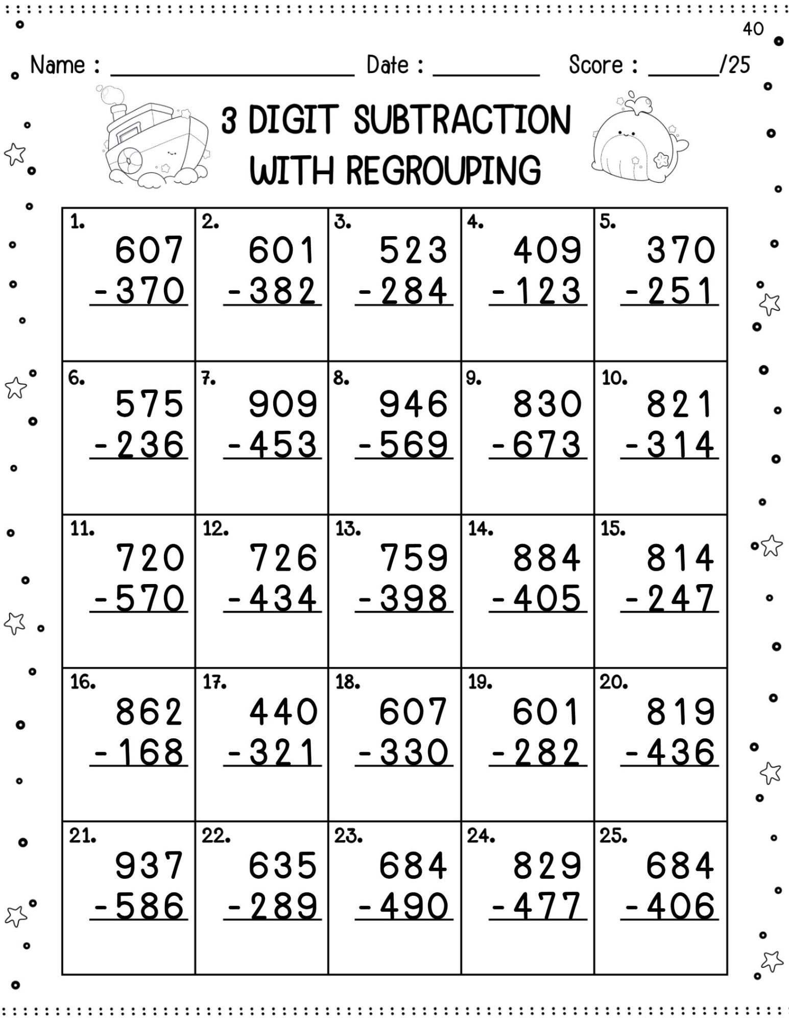 3 Digit Subtraction With Regrouping Worksheets Printable Math Practice For Kids Etsy