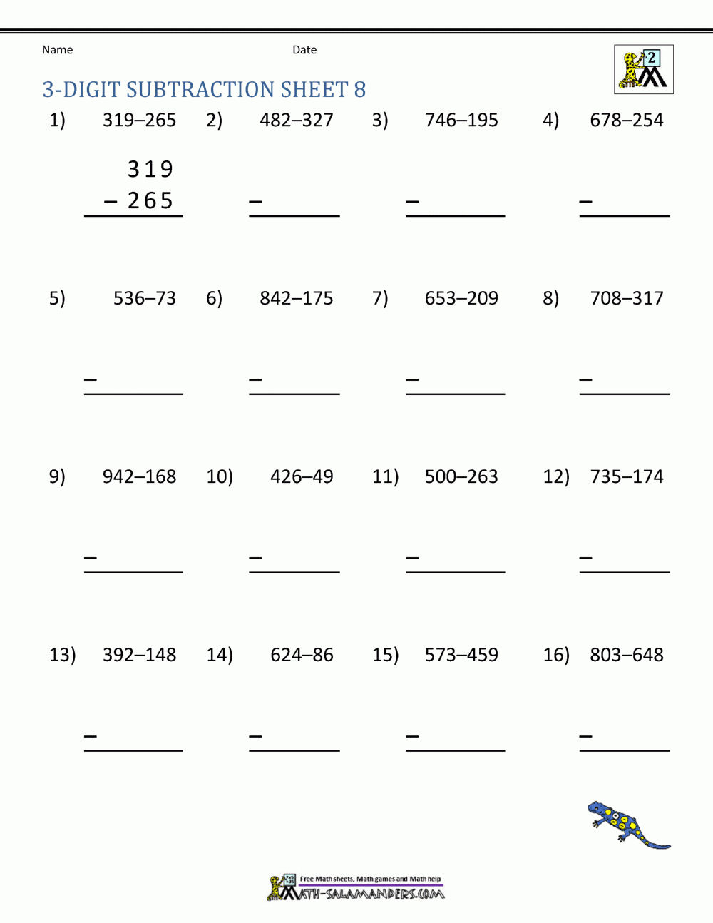 3 Digit Subtraction Worksheets