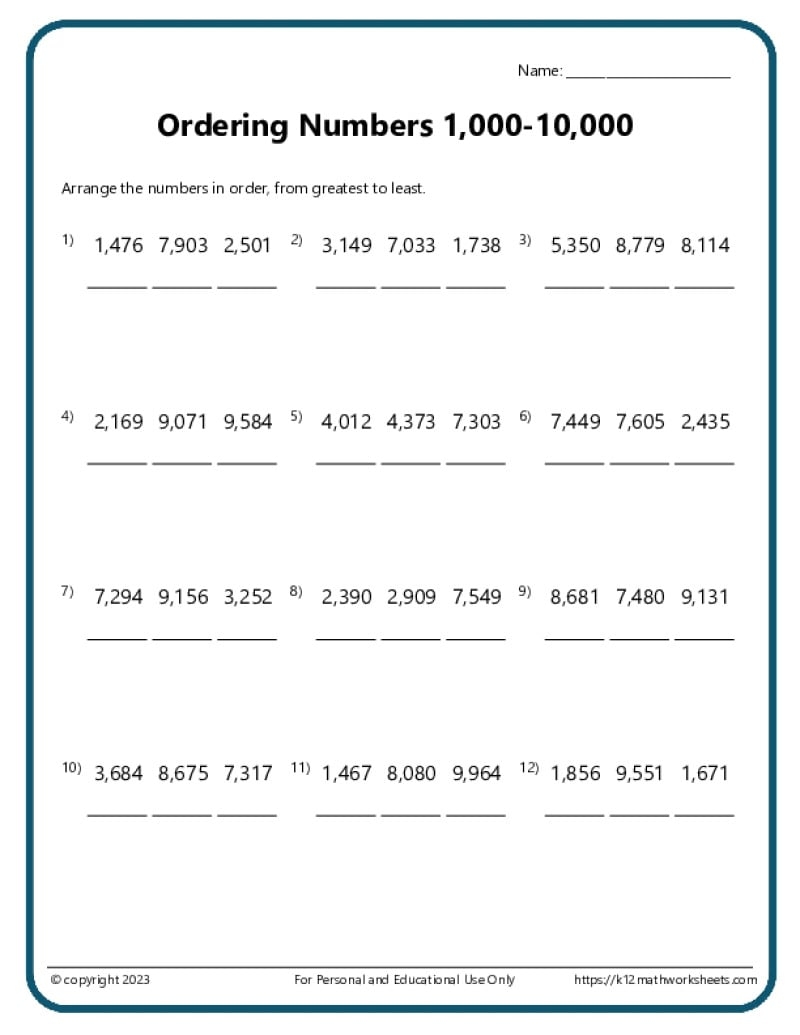 3rd Grade Comparing And Ordering Numbers