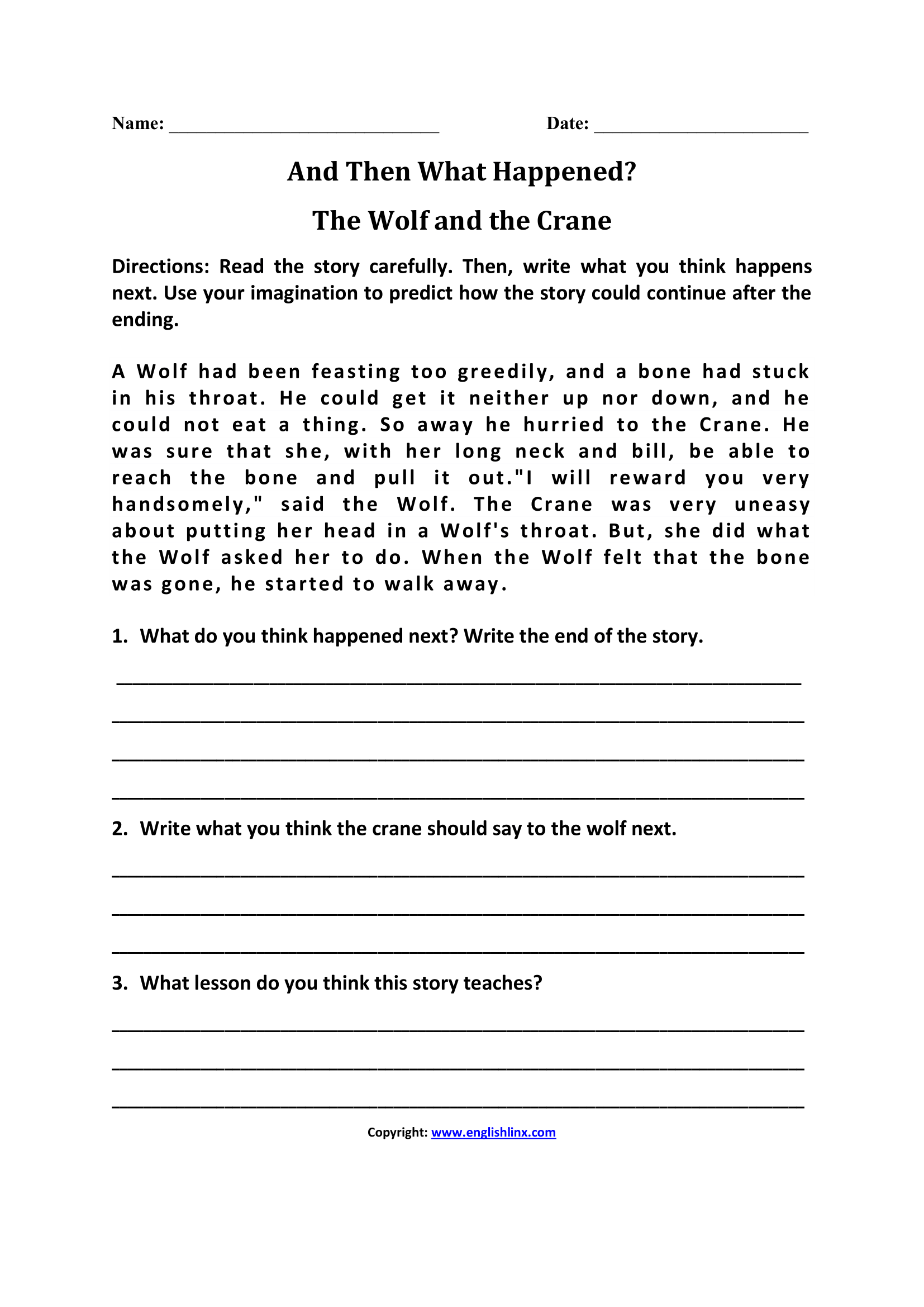 3rd Grade Writing Worksheets And Then What Happened The Wolf And The Crane