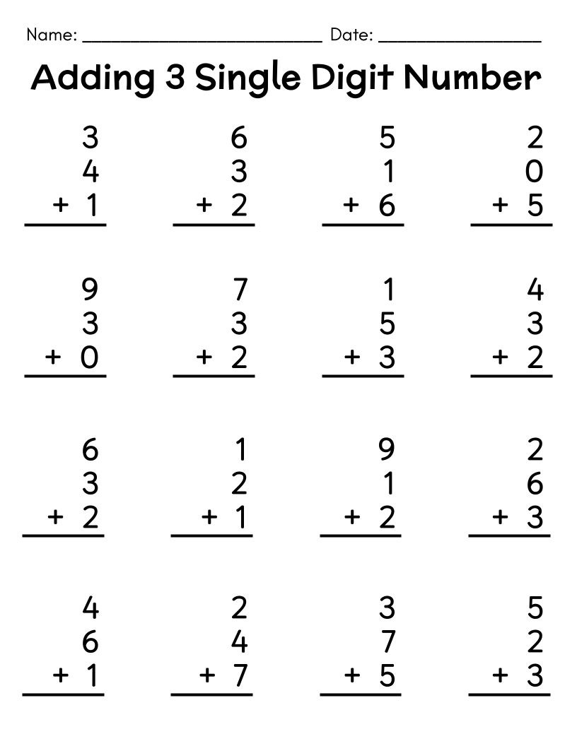 80 Adding 3 Single Digit Number Sums Addition Sums With Numbers 0 9 Preschool 2nd Grade Math Home Made By Teachers
