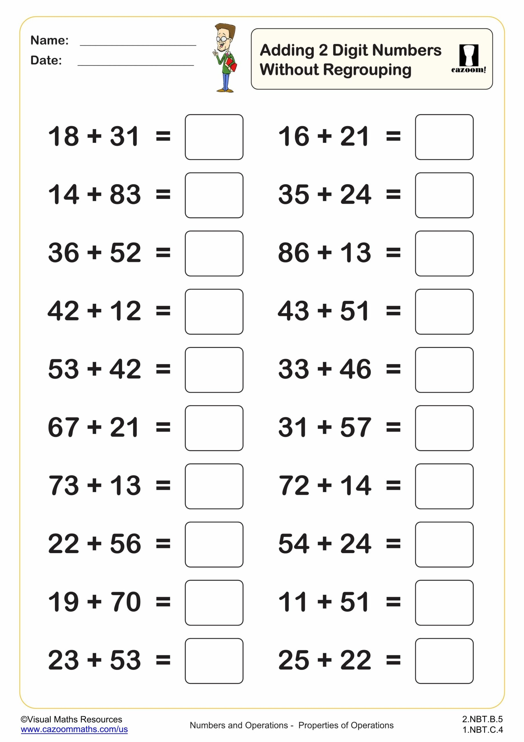 Adding 2 Digit Numbers Without Regrouping 20 Questions Worksheet PDF Printable Addition Worksheets Cazoom Math
