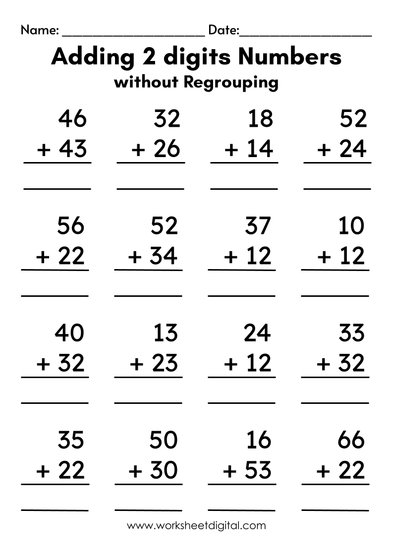 Adding 2 Digit Numbers Without Regrouping 80 Double Digit Addition No Regrouping Sums Grade 1 2 Made By Teachers
