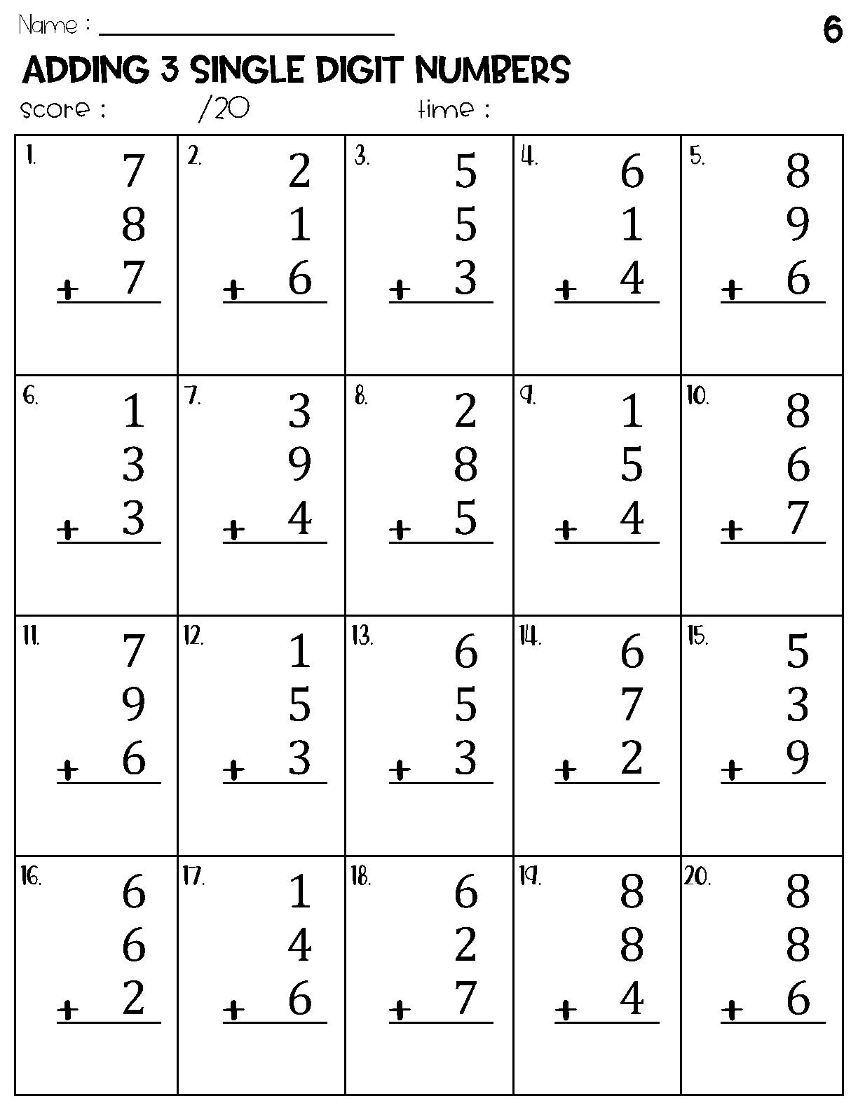 single digit addition worksheets