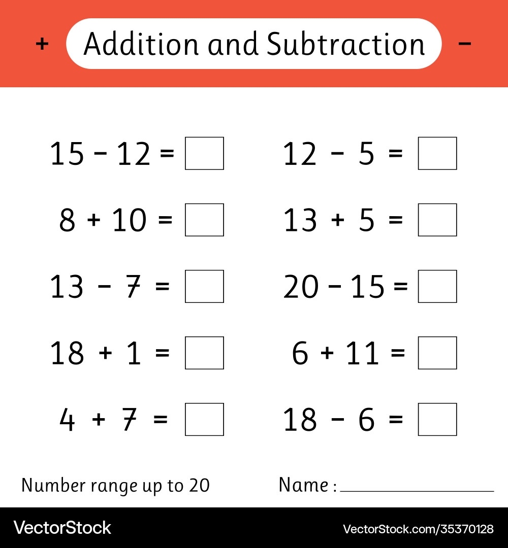 Addition And Subtraction Number Range Up To 20 Royalty Free Vector VectorStock