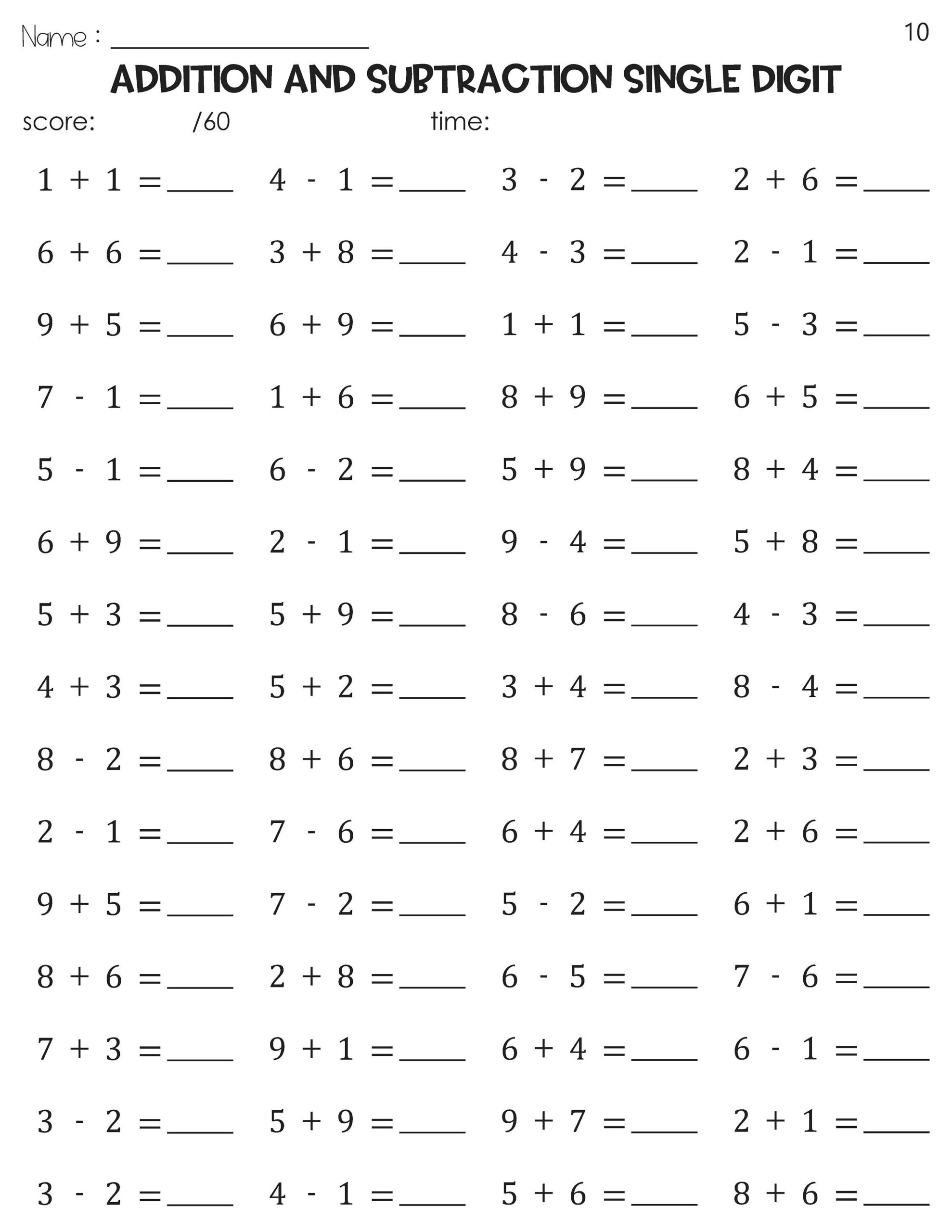 Addition And Subtraction Single Digit Math Timed Tests Speed Drills Worksheets Etsy