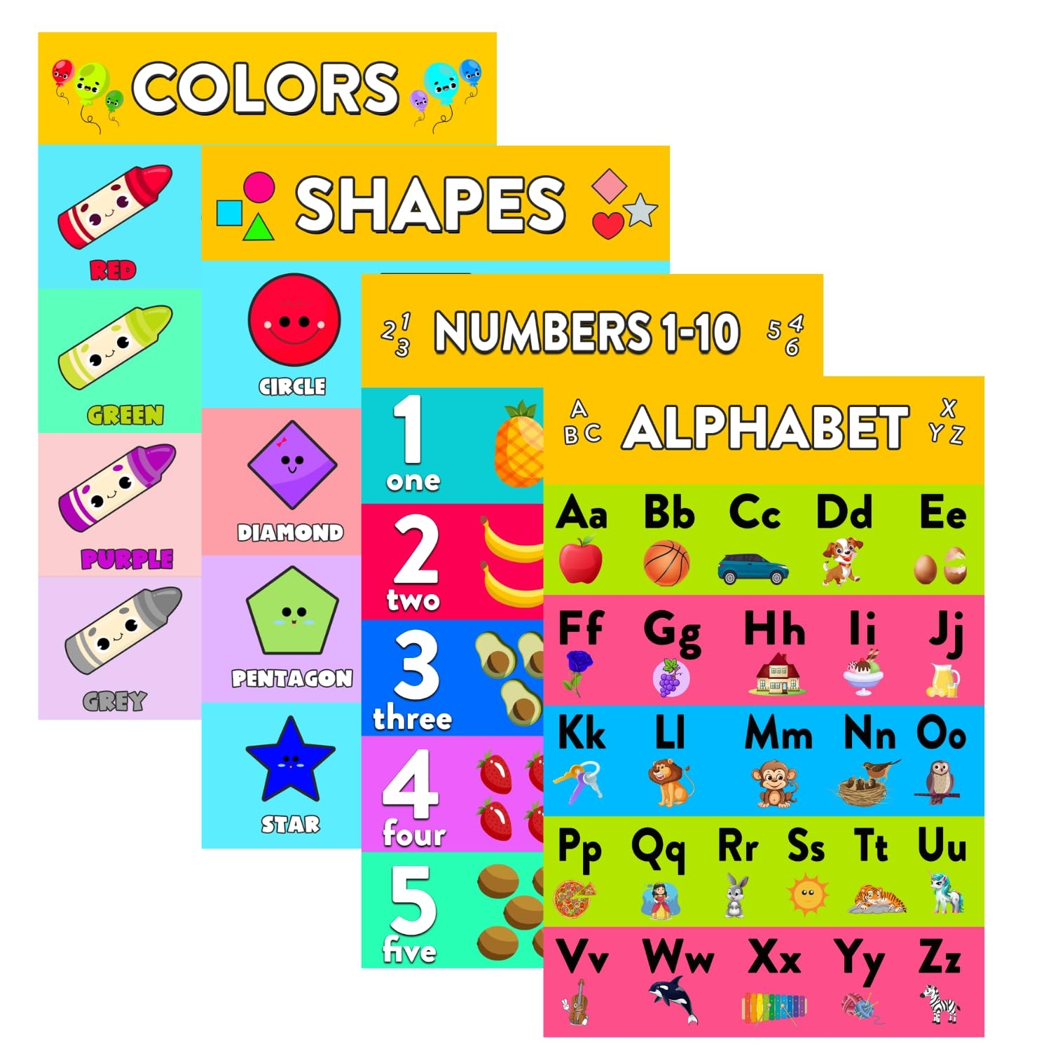 Amazon 4 Pack Numbers Colors Shapes Alphabet ABC Chart For Wall For Toddlers Counting Numbers Alphabet Posters For Classroom Wall Decor Preschool Homeschool Supplies Size 12 16 Office Products